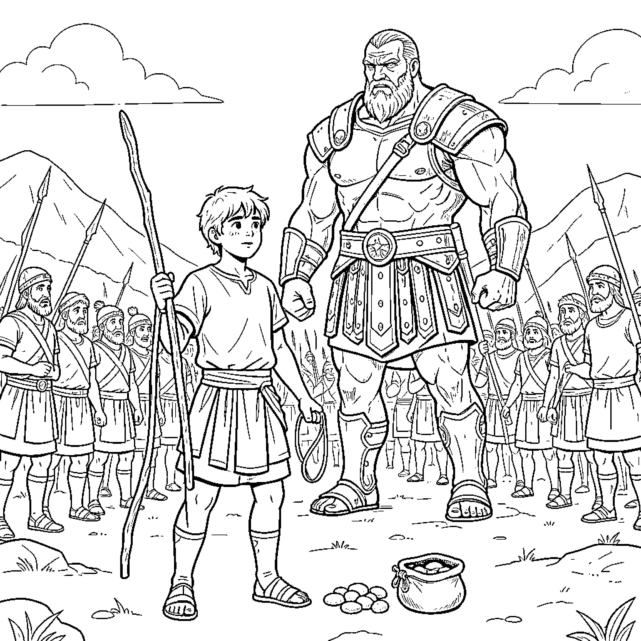 David facing a giant warrior in a battlefield scene Coloring Page (free black-and-white line drawing printable PDF for all, from beginners to advanced learners, including children, teens, adults, and seniors)