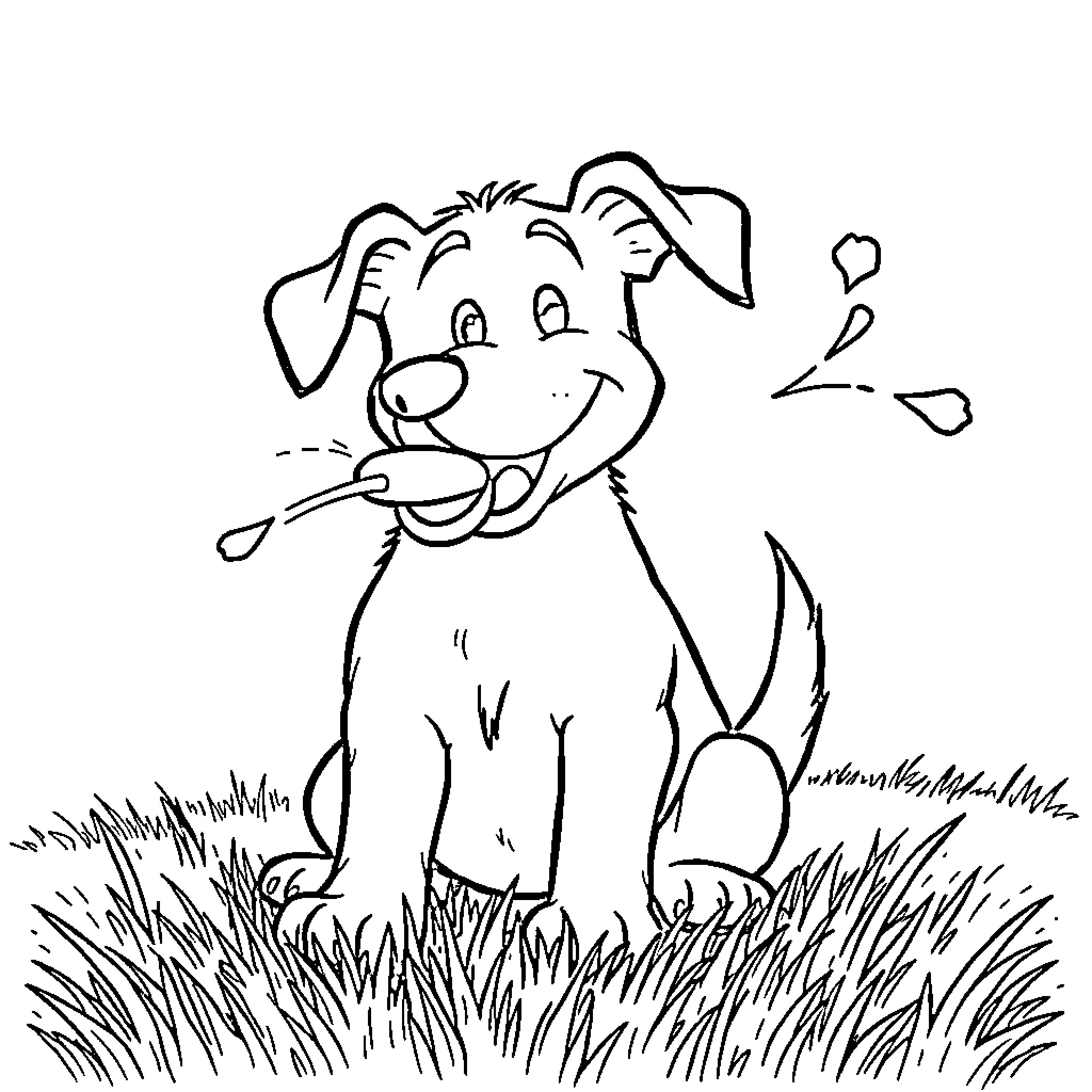 Dog playing joyfully in the grass Coloring Page (free black-and-white line drawing printable PDF for all, from beginners to advanced learners, including children, teens, adults, and seniors)