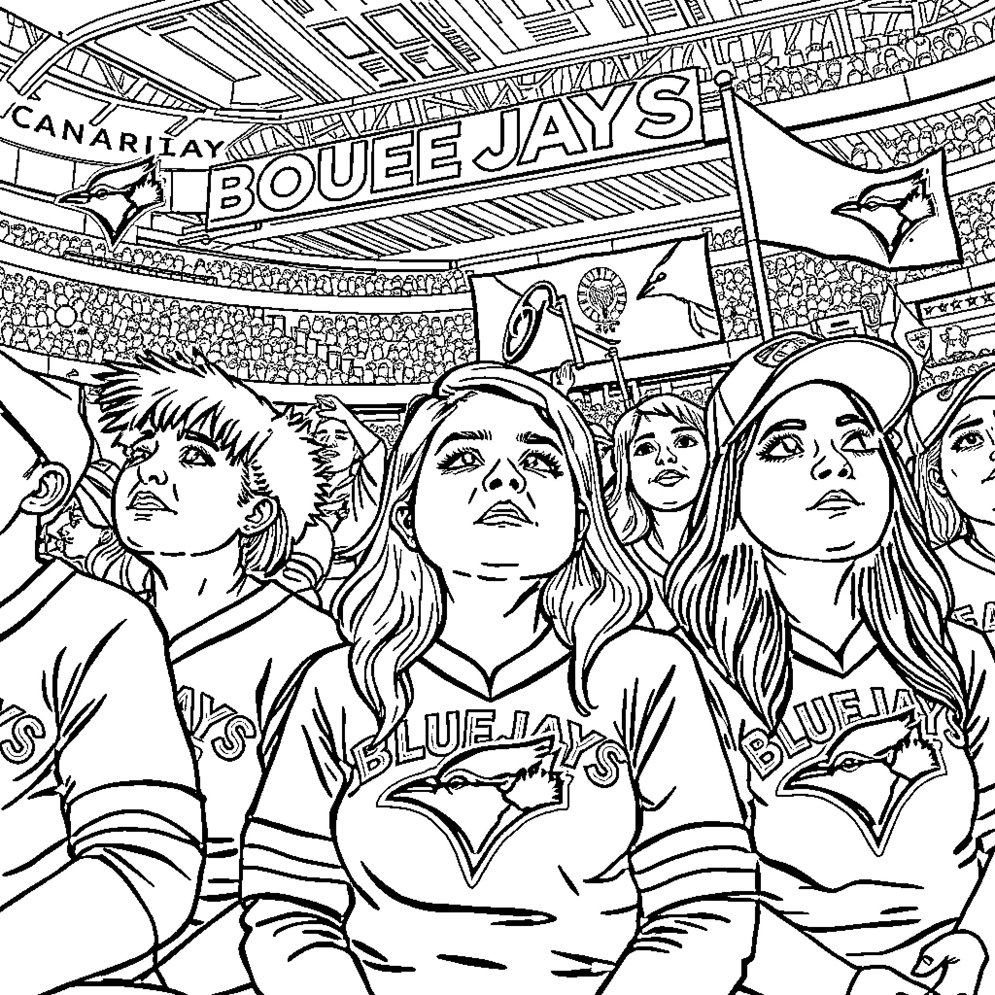 Bluejays Fans Cheering in Stadium Coloring Page (free black-and-white line drawing printable PDF for all, from beginners to advanced learners, including children, teens, adults, and seniors)