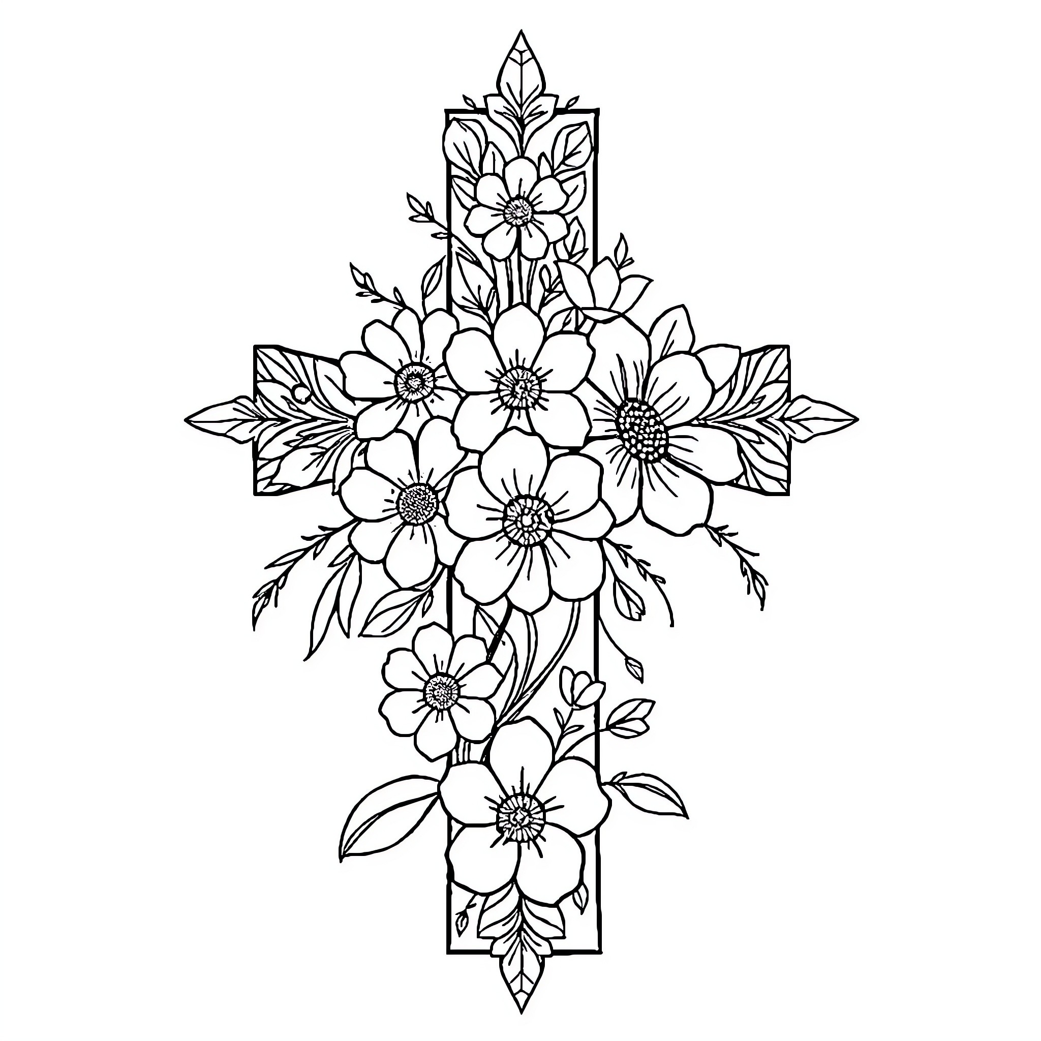 Floral cross design with blooming flowers Coloring Page (free black-and-white line drawing printable PDF for all, from beginners to advanced learners, including children, teens, adults, and seniors)