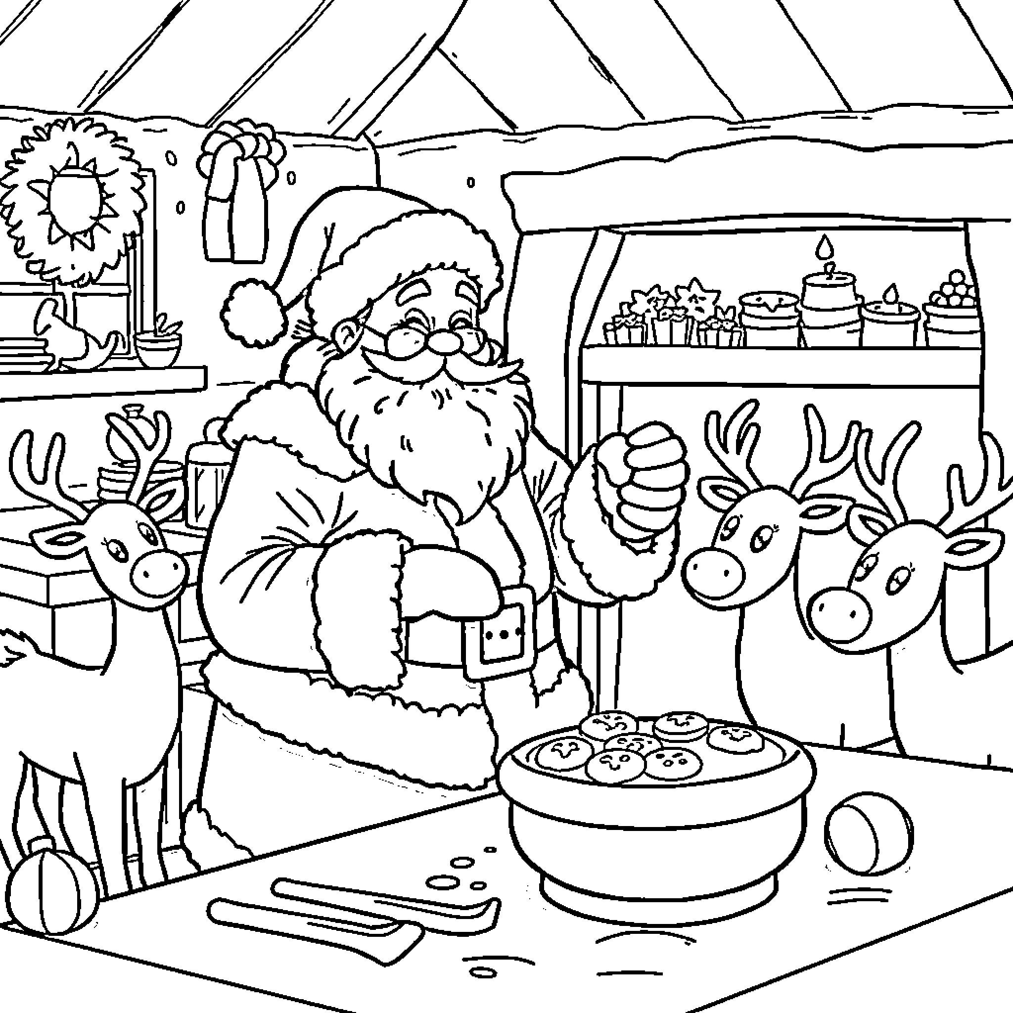 Santa Baking Treats with Reindeer Helpers Coloring Page (free black-and-white line drawing printable PDF for all, from beginners to advanced learners, including children, teens, adults, and seniors)