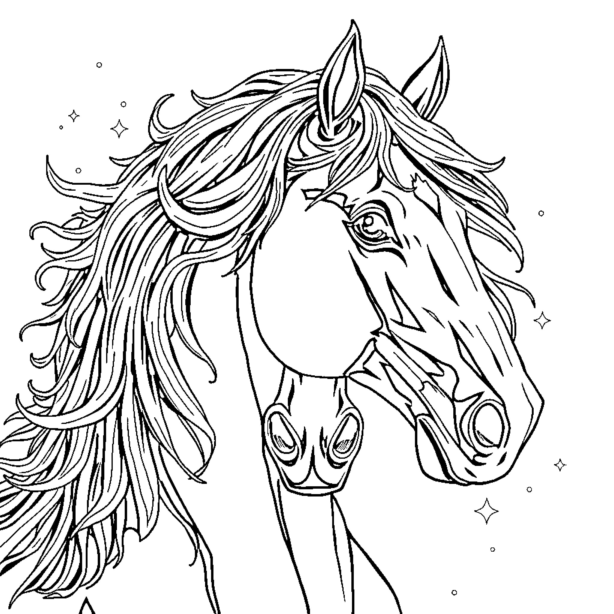 Horse with flowing mane and whimsical expression Coloring Page (free black-and-white line drawing printable PDF for all, from beginners to advanced learners, including children, teens, adults, and seniors)