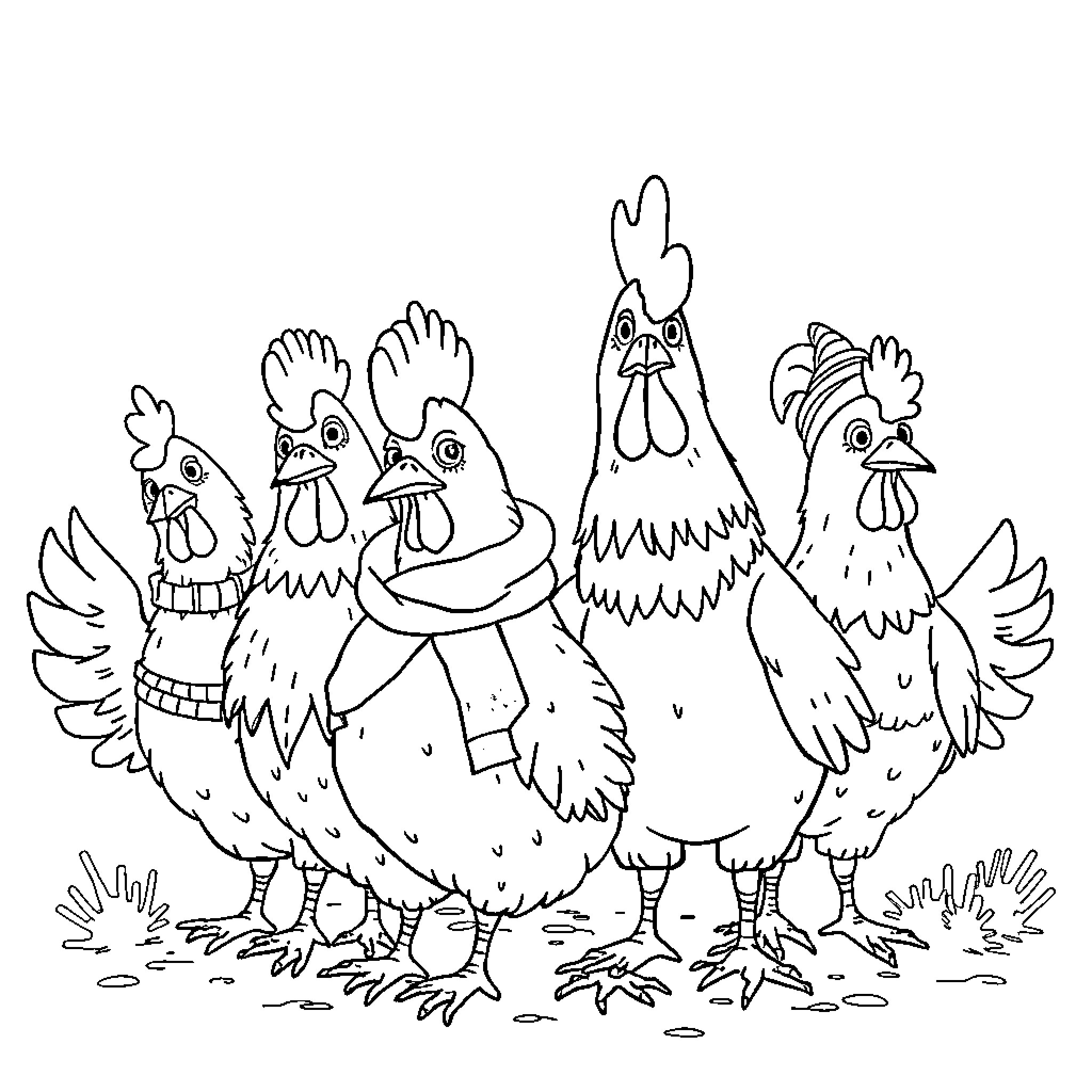 Chicken family posing together Coloring Page (free black-and-white line drawing printable PDF for all, from beginners to advanced learners, including children, teens, adults, and seniors)