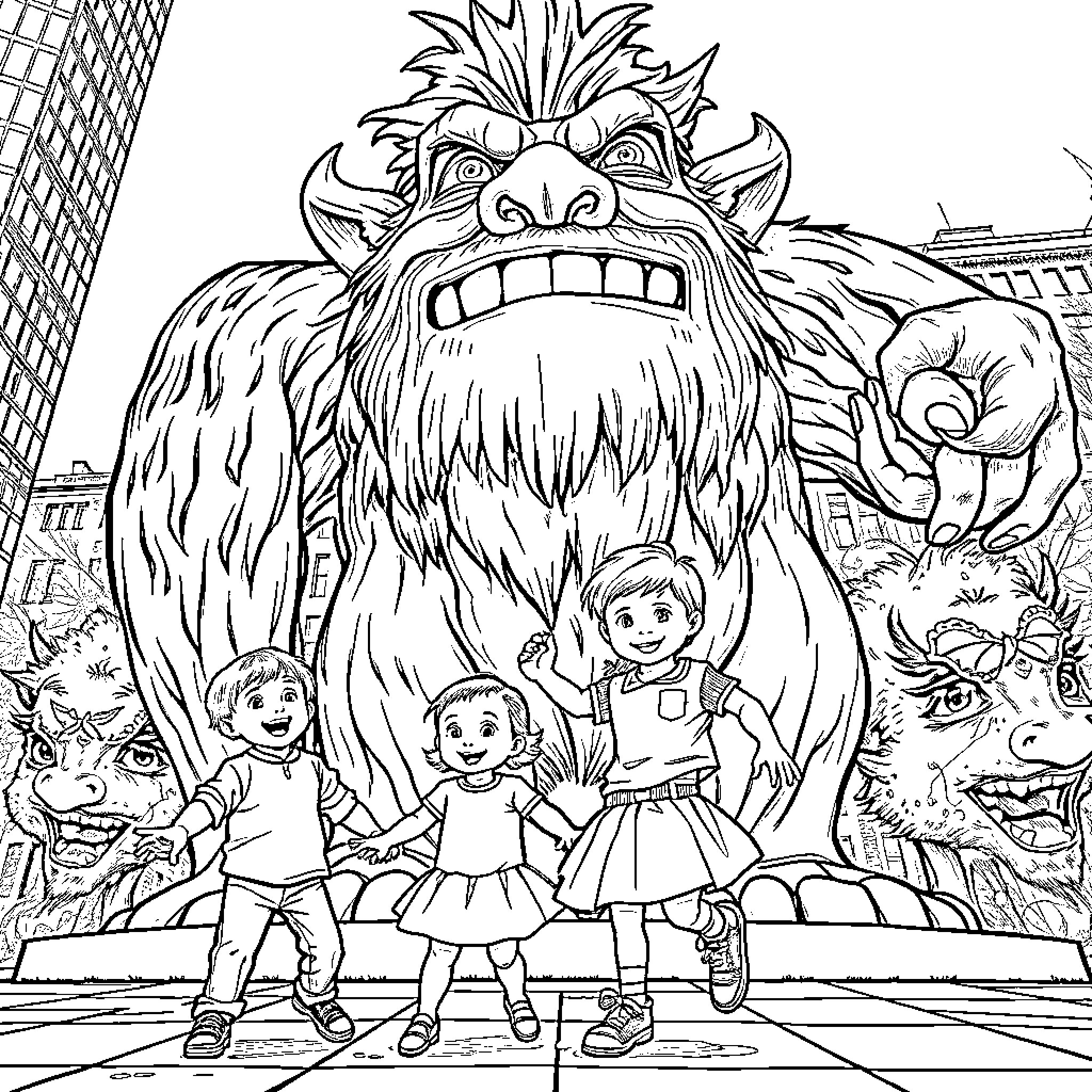 Child exploring the city with monstrous creatures Coloring Page (free black-and-white line drawing printable PDF for all, from beginners to advanced learners, including children, teens, adults, and seniors)