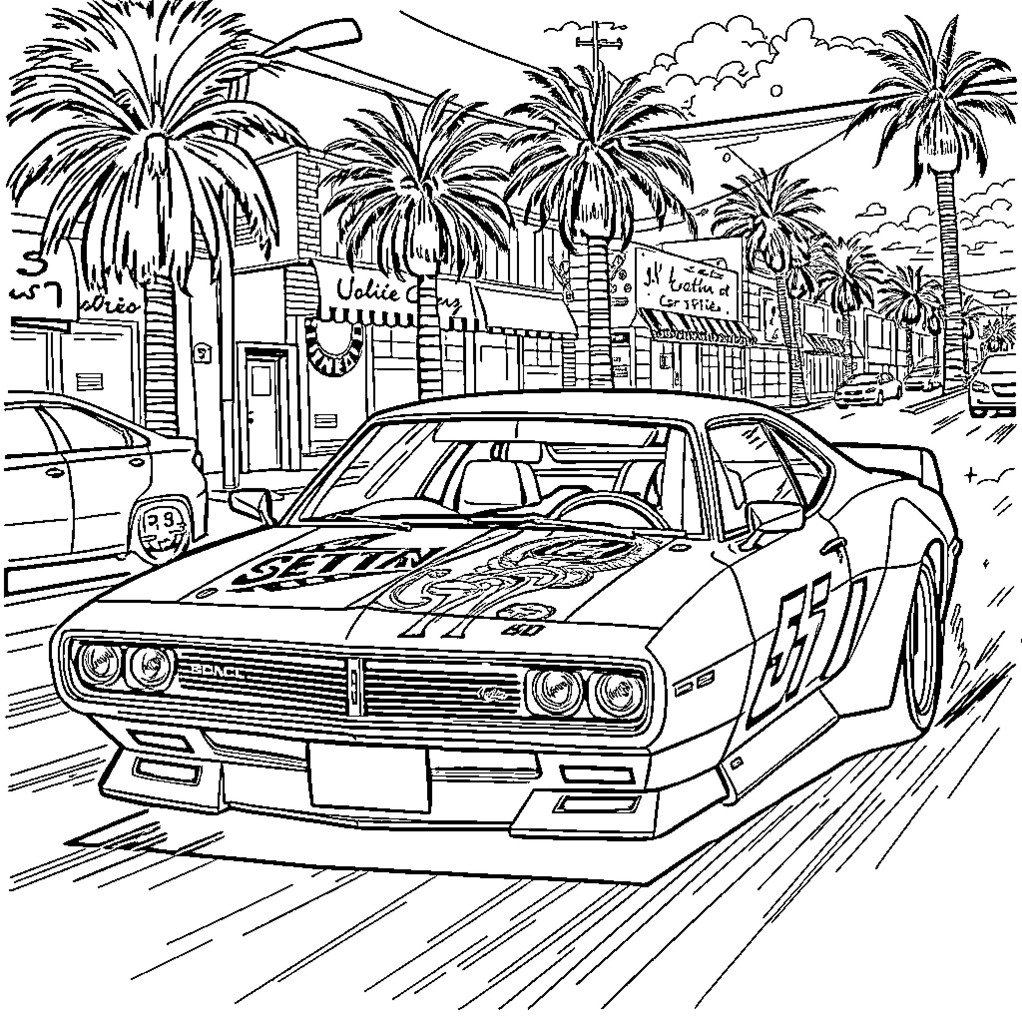 Car racing through a palm tree-lined city street Coloring Page (free black-and-white line drawing printable PDF for all, from beginners to advanced learners, including children, teens, adults, and seniors)