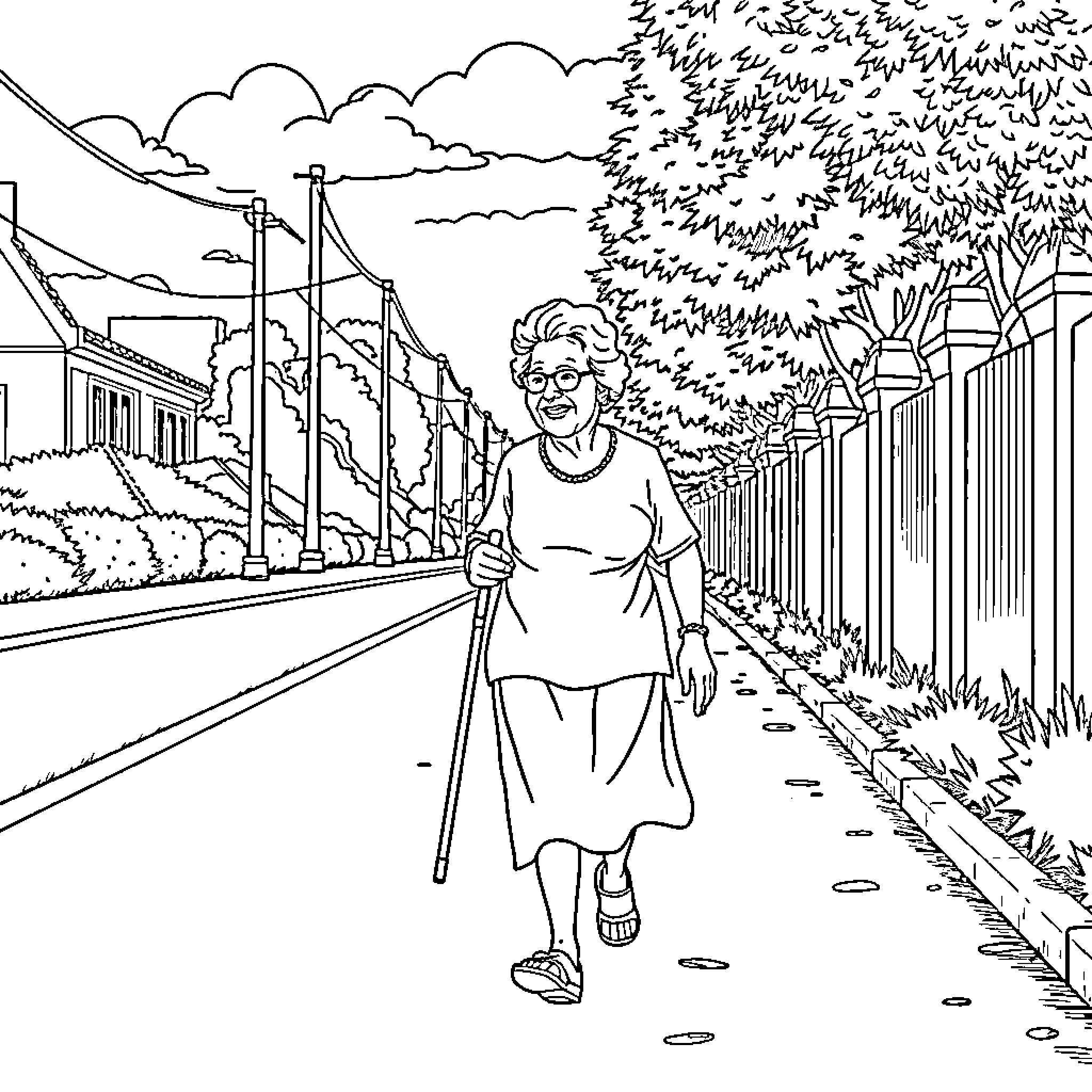 Grandma taking a stroll down the neighborhood Coloring Page (free black-and-white line drawing printable PDF for all, from beginners to advanced learners, including children, teens, adults, and seniors)