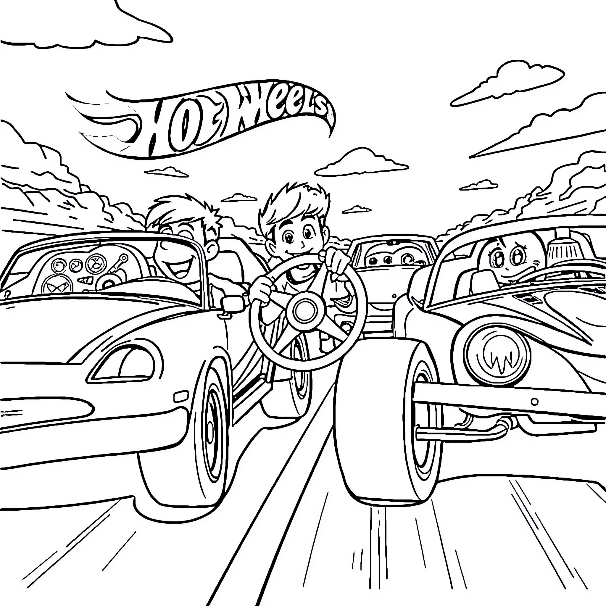 Hot Wheels racing action and excitement Coloring Page (free black-and-white line drawing printable PDF for all, from beginners to advanced learners, including children, teens, adults, and seniors)