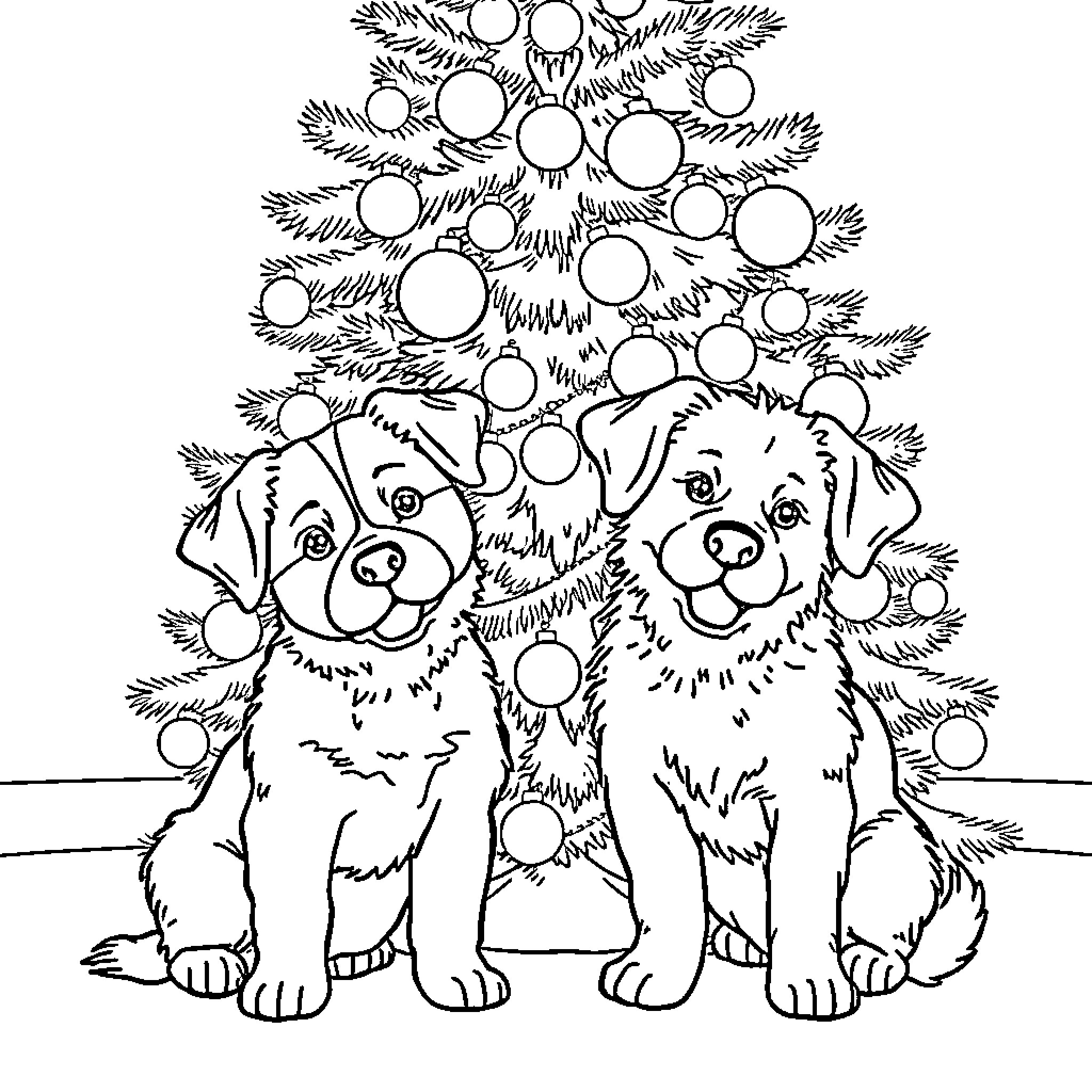 Dogs Enjoying a Christmas Tree Coloring Page (free black-and-white line drawing printable PDF for all, from beginners to advanced learners, including children, teens, adults, and seniors)
