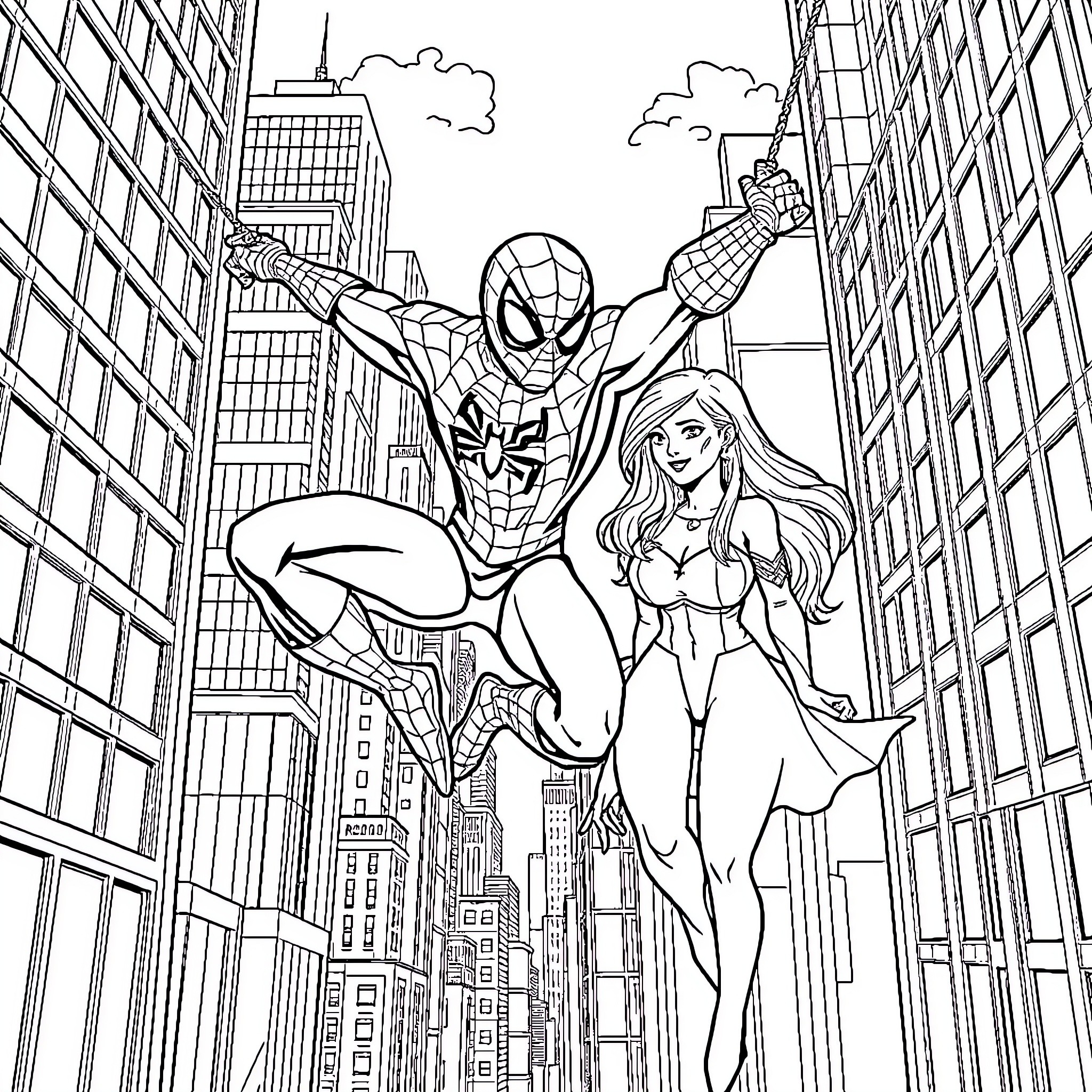 Spiderman and companion swinging through city skyline Coloring Page (free black-and-white line drawing printable PDF for all, from beginners to advanced learners, including children, teens, adults, and seniors)