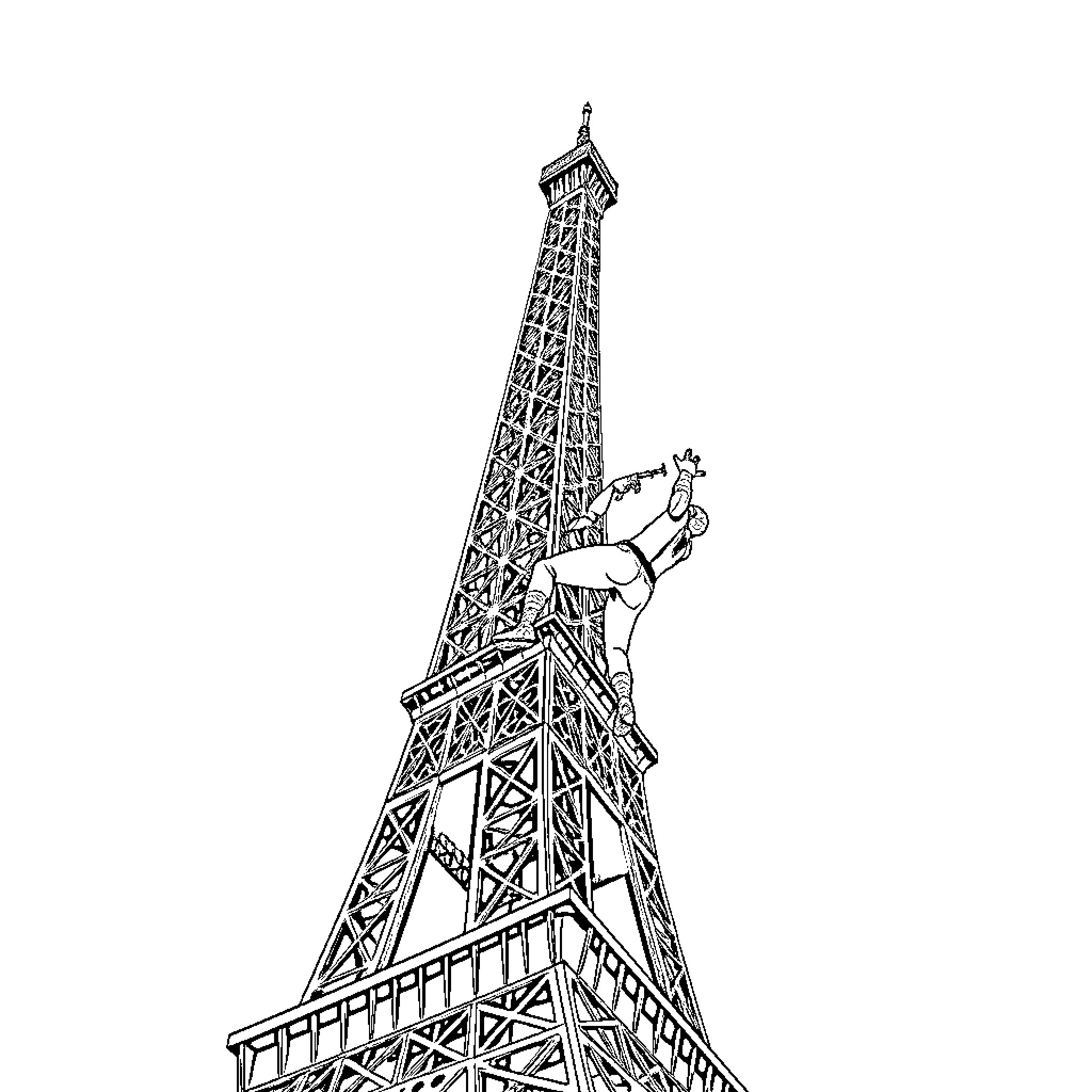 Spiderman climbing the Eiffel Tower Coloring Page (free black-and-white line drawing printable PDF for all, from beginners to advanced learners, including children, teens, adults, and seniors)
