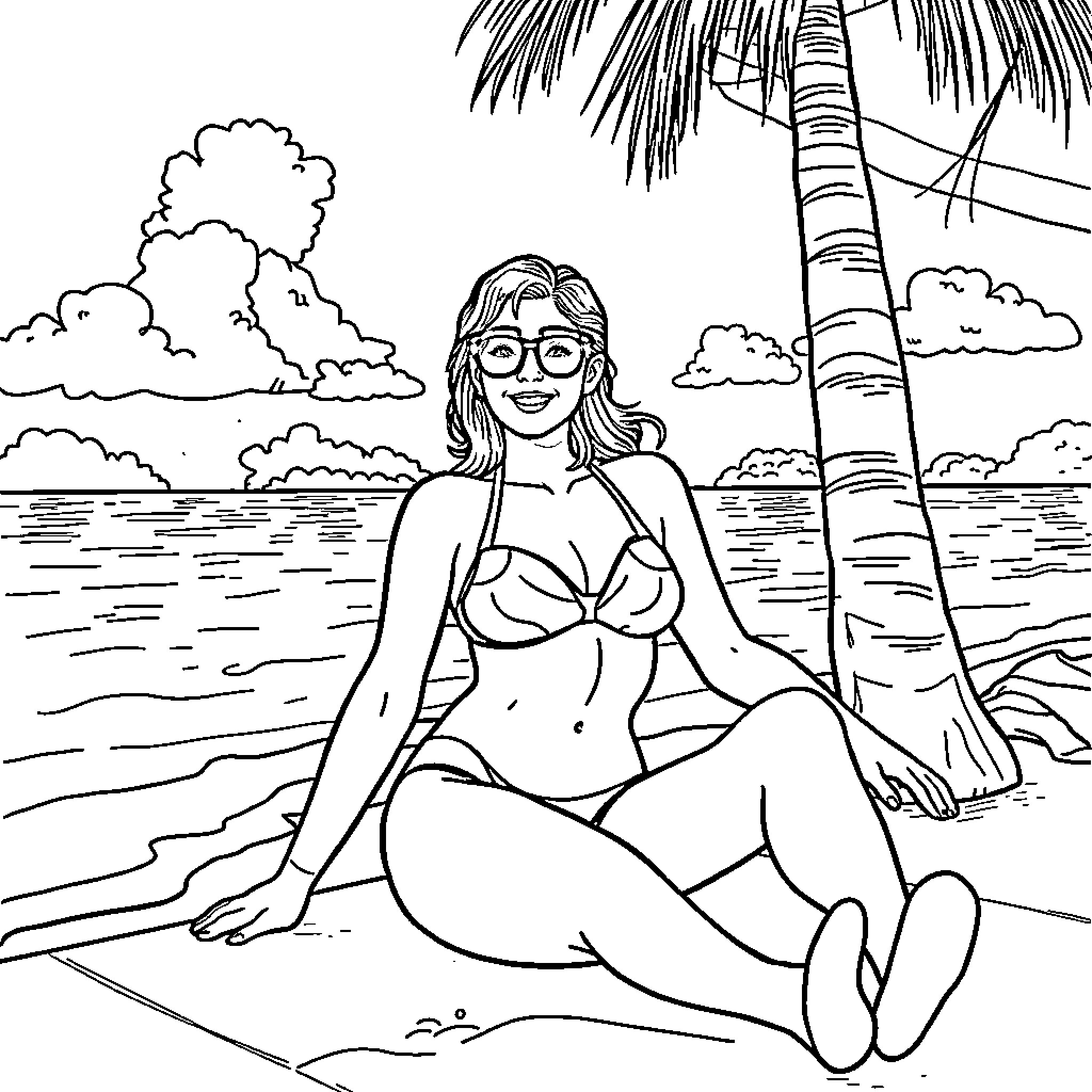 Frieren relaxing on the beach under palm trees Coloring Page (free black-and-white line drawing printable PDF for all, from beginners to advanced learners, including children, teens, adults, and seniors)