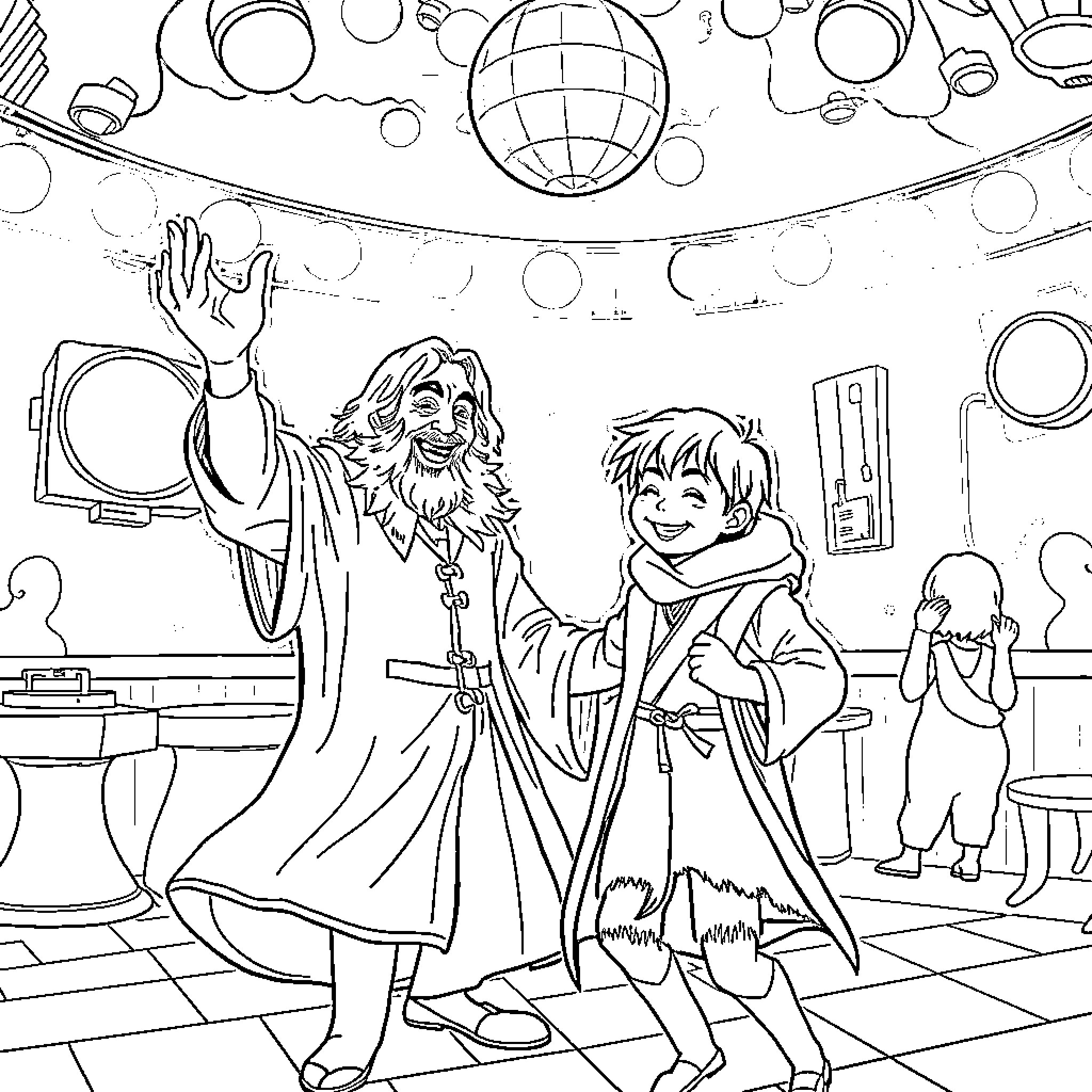 Dumbledore and young wizard celebrate in the magical hall Coloring Page (free black-and-white line drawing printable PDF for all, from beginners to advanced learners, including children, teens, adults, and seniors)