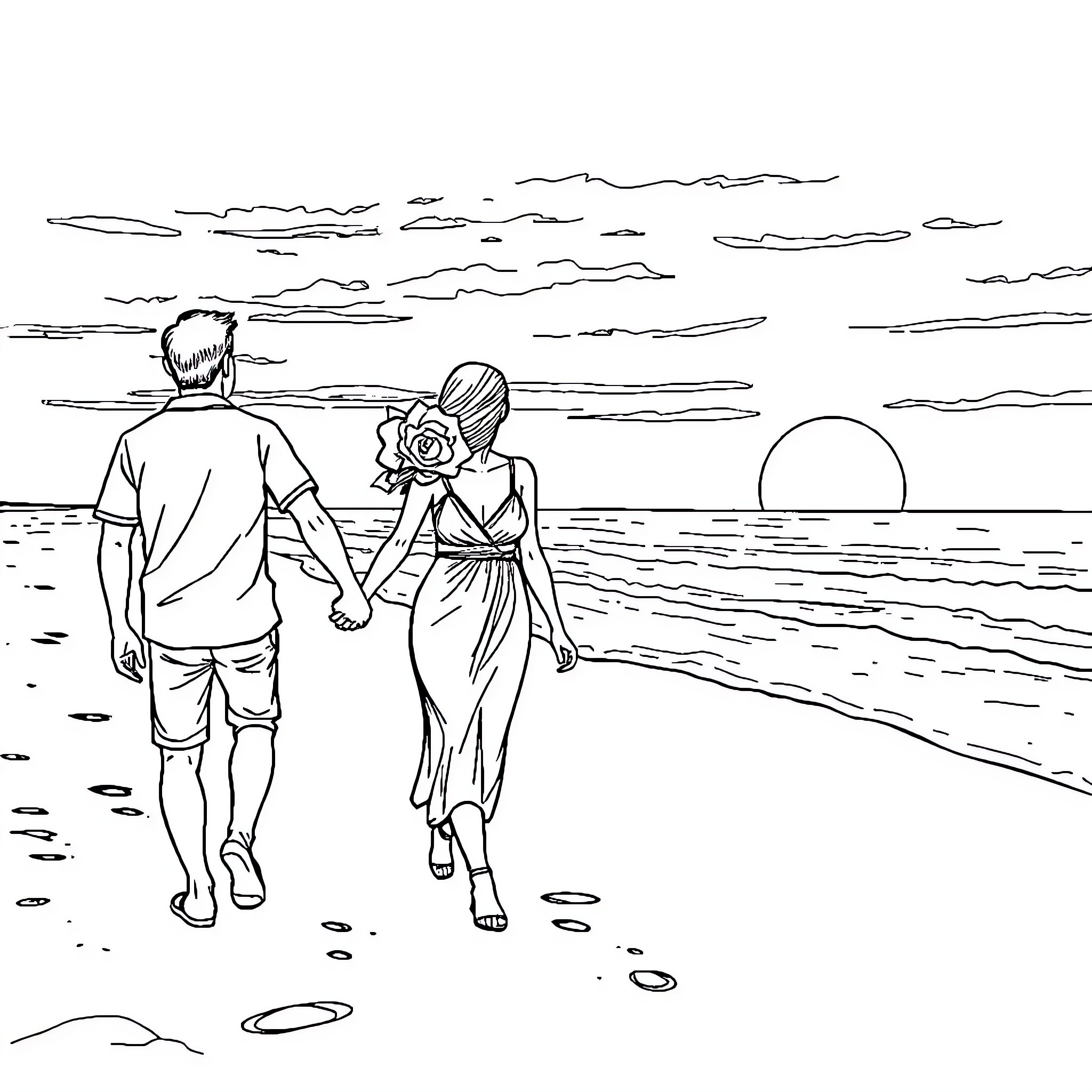 Couple strolling together on the beach at sunset Coloring Page (free black-and-white line drawing printable PDF for all, from beginners to advanced learners, including children, teens, adults, and seniors)
