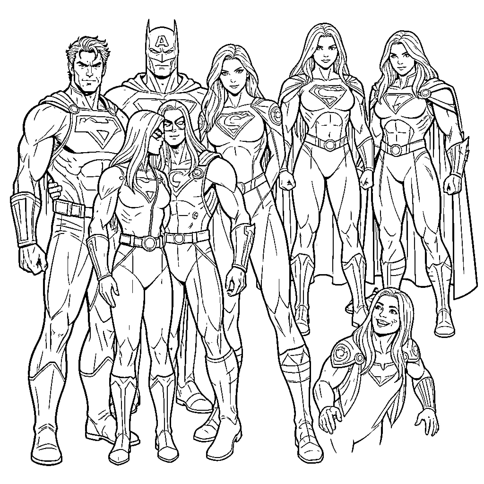 Marvel Character group posing together in heroic costumes Coloring Page (free black-and-white line drawing printable PDF for all, from beginners to advanced learners, including children, teens, adults, and seniors)