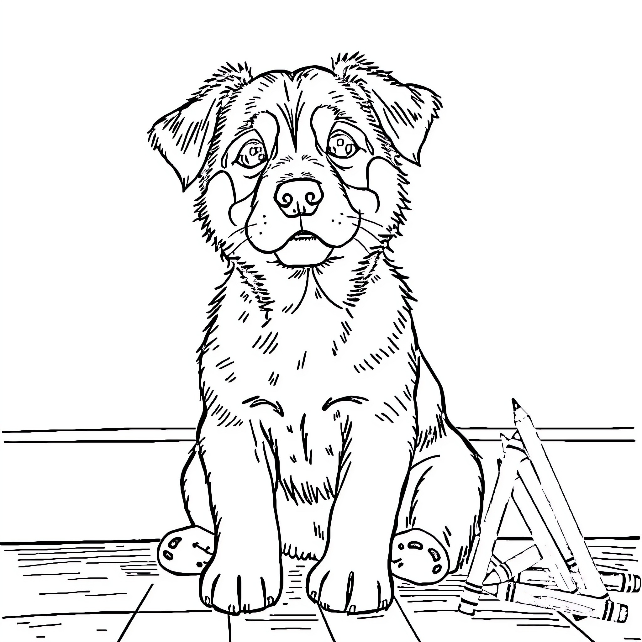 Dog sitting patiently with tools Coloring Page (free black-and-white line drawing printable PDF for all, from beginners to advanced learners, including children, teens, adults, and seniors)