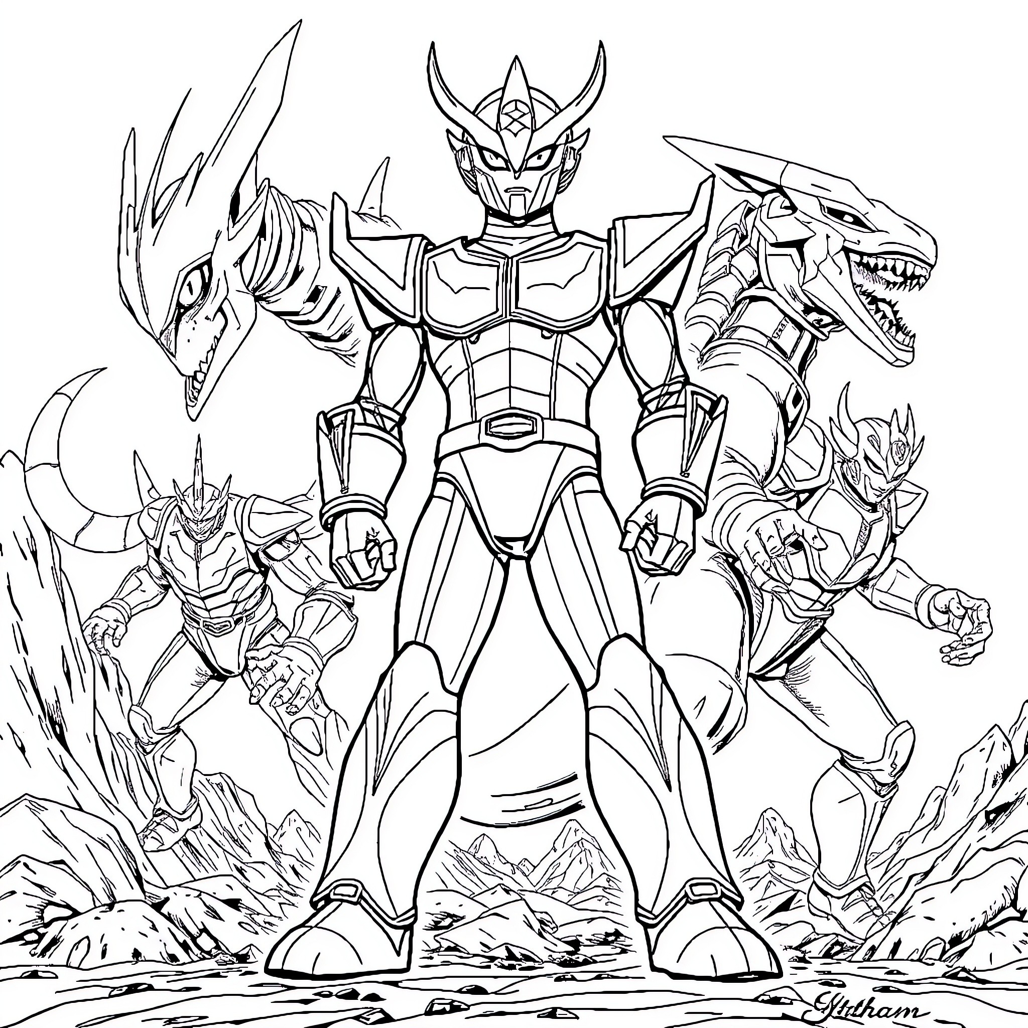 Ultraman leading a team of heroic monsters Coloring Page (free black-and-white line drawing printable PDF for all, from beginners to advanced learners, including children, teens, adults, and seniors)