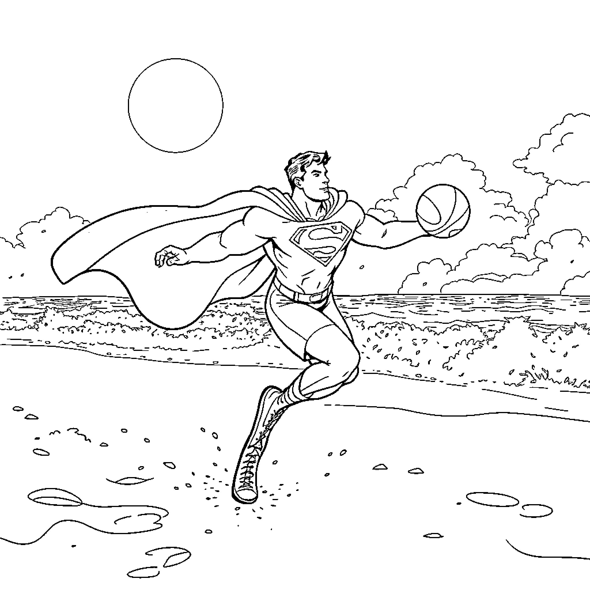Superman soaring through the skies Coloring Page (free black-and-white line drawing printable PDF for all, from beginners to advanced learners, including children, teens, adults, and seniors)