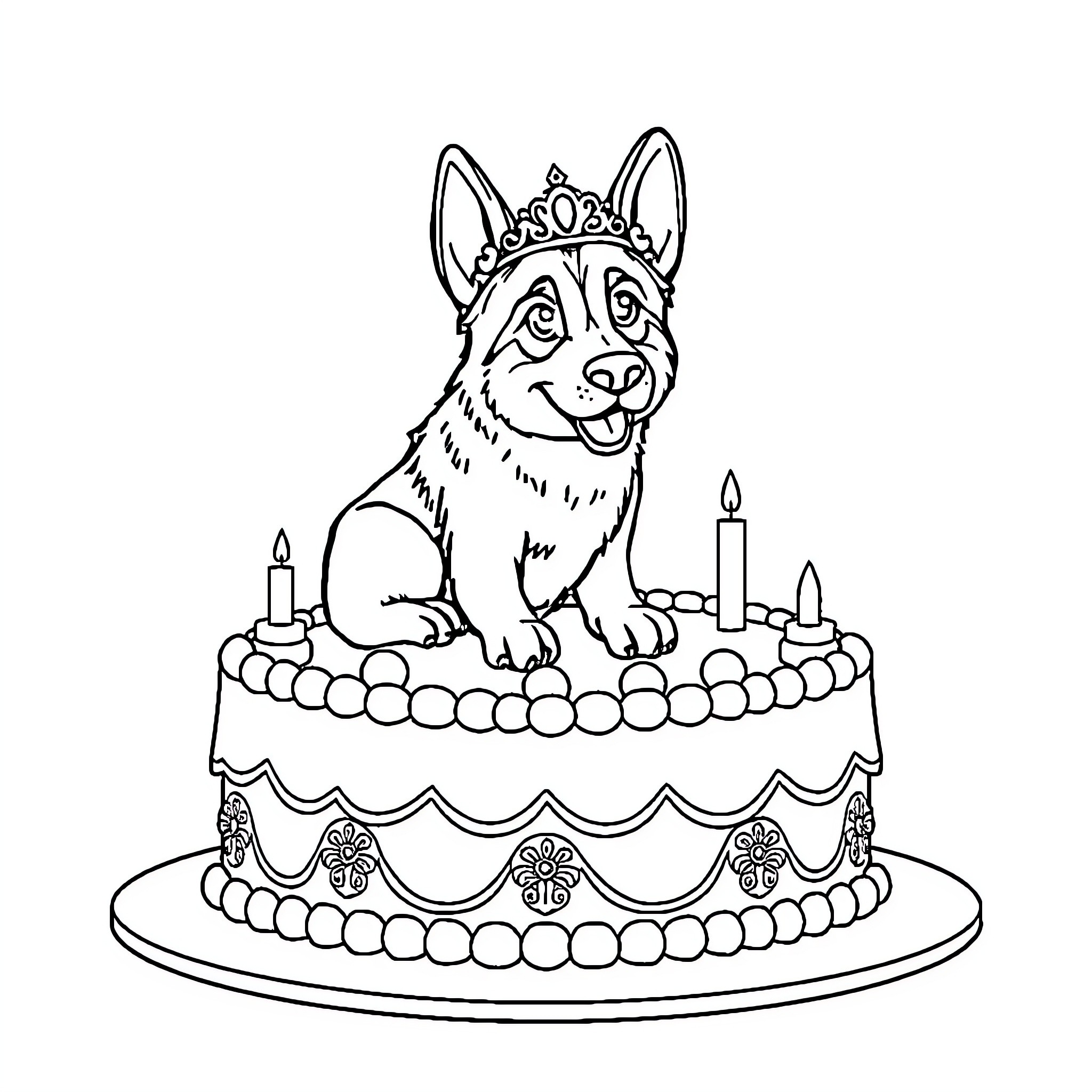 Princess Puppy Celebrates on Birthday Cake Coloring Page (free black-and-white line drawing printable PDF for all, from beginners to advanced learners, including children, teens, adults, and seniors)