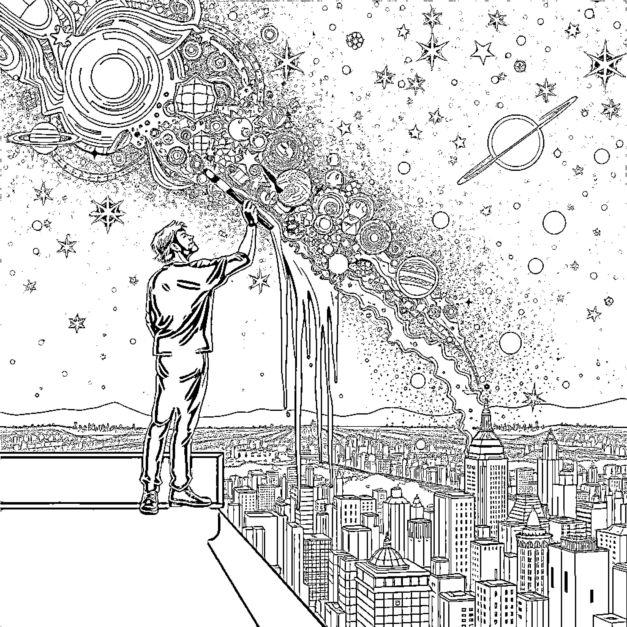 Person drawing cosmic imagery over city landscape Coloring Page (free black-and-white line drawing printable PDF for all, from beginners to advanced learners, including children, teens, adults, and seniors)
