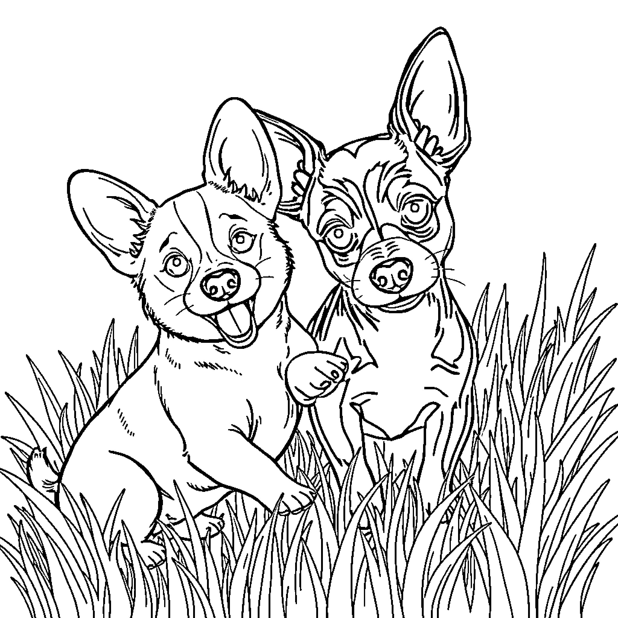 Dog Pair Playing Joyfully in the Grass Coloring Page (free black-and-white line drawing printable PDF for all, from beginners to advanced learners, including children, teens, adults, and seniors)
