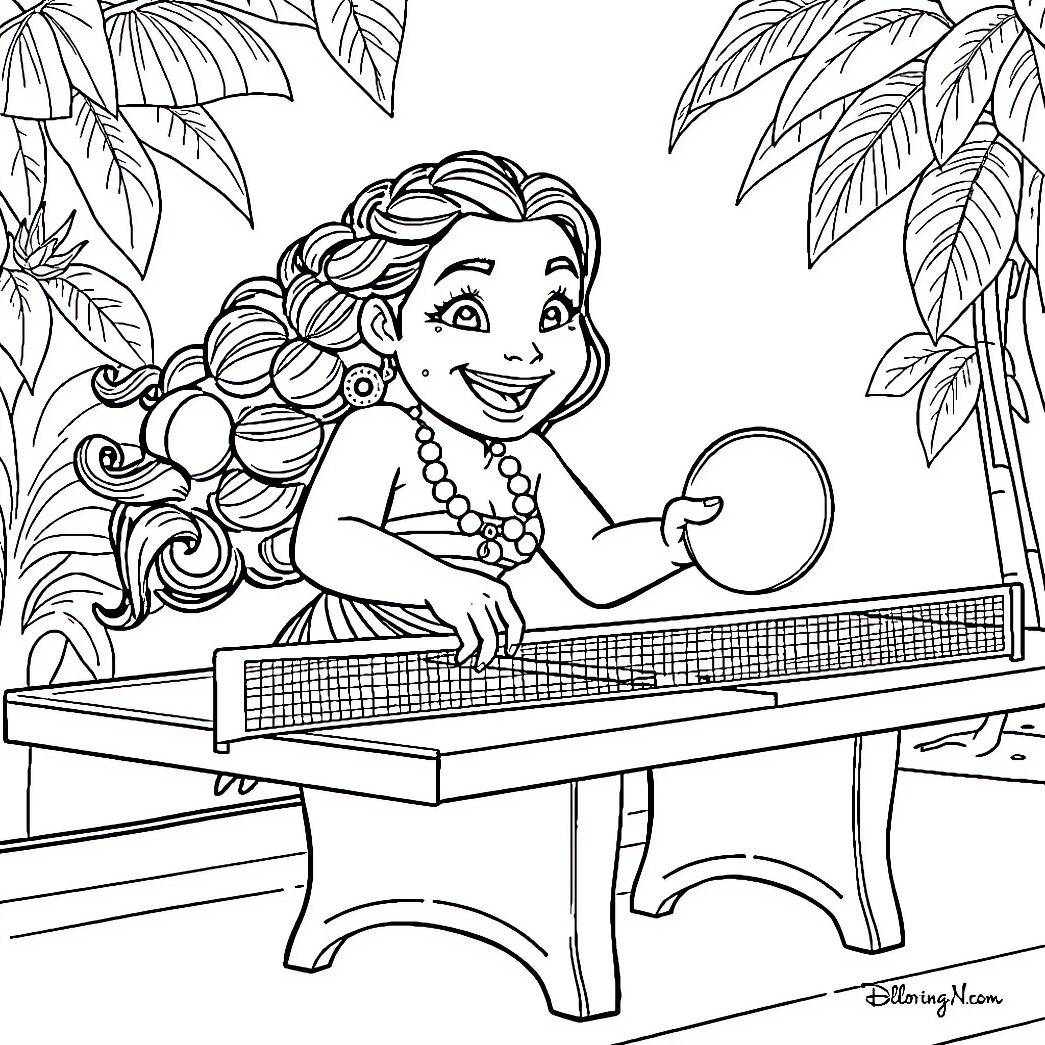 Moana Playing Table Tennis in a Tropical Setting Coloring Page (free black-and-white line drawing printable PDF for all, from beginners to advanced learners, including children, teens, adults, and seniors)