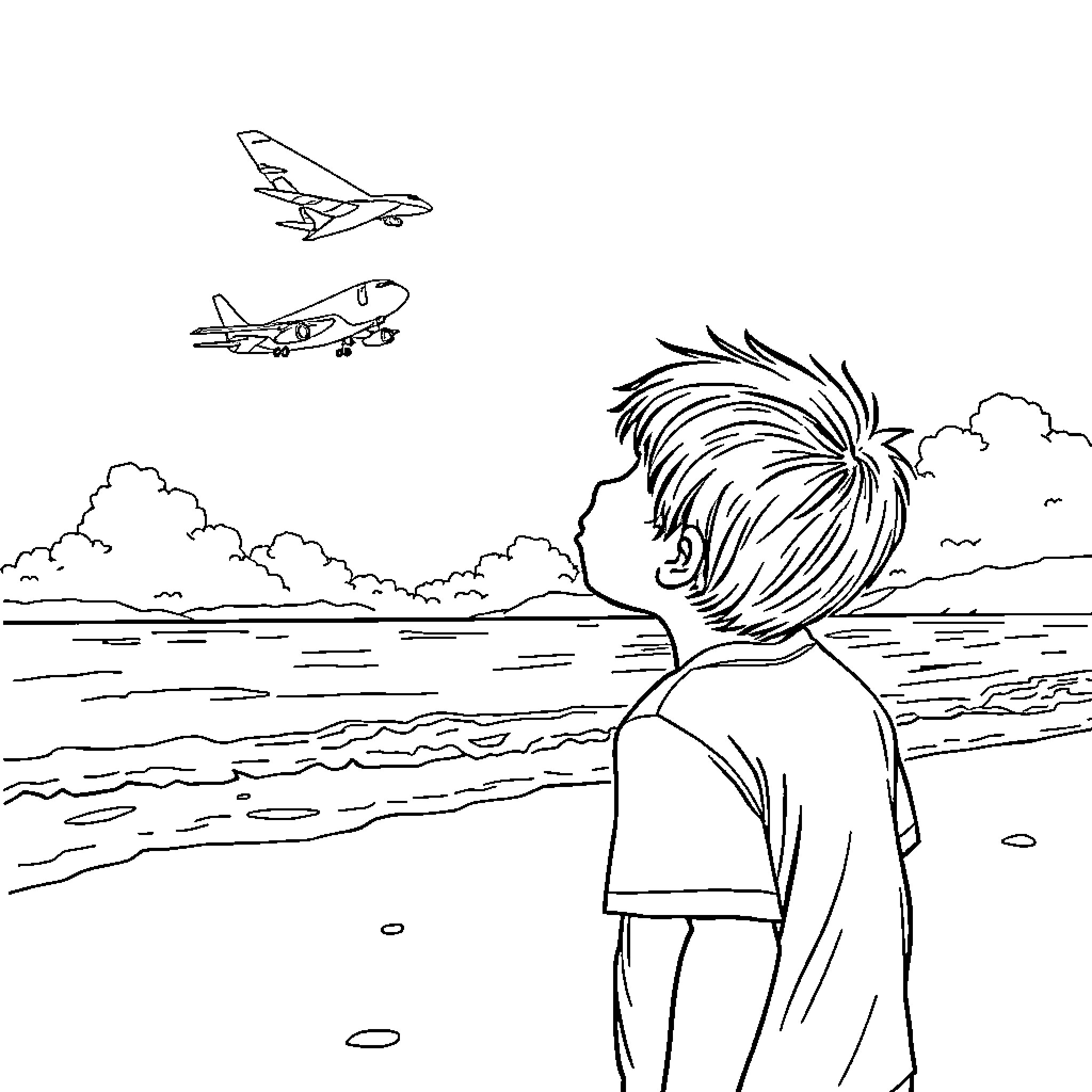 Kid watching planes take flight over the beach Coloring Page (free black-and-white line drawing printable PDF for all, from beginners to advanced learners, including children, teens, adults, and seniors)