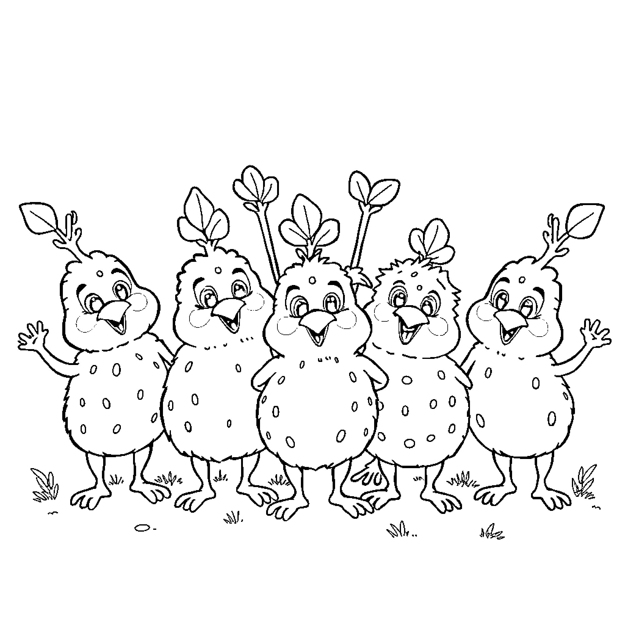Sprunkie: Cheerful Chicks Celebrating in the Meadow Coloring Page (free black-and-white line drawing printable PDF for all, from beginners to advanced learners, including children, teens, adults, and seniors)