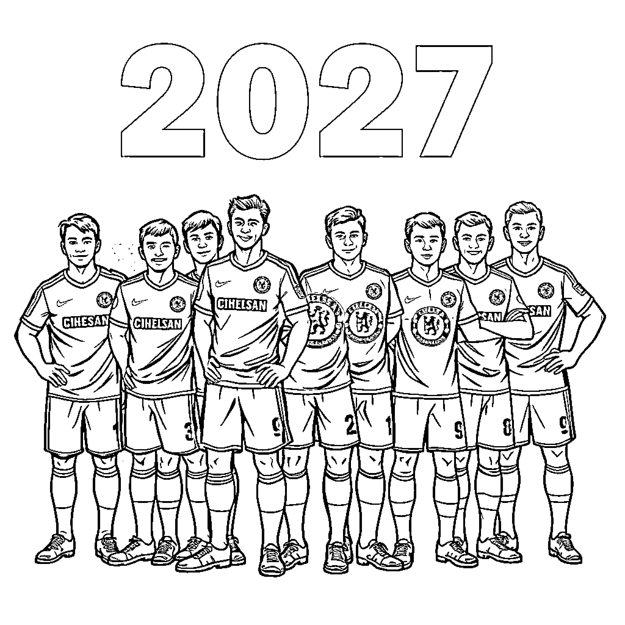 Chelsea team posing for the new season Coloring Page (free black-and-white line drawing printable PDF for all, from beginners to advanced learners, including children, teens, adults, and seniors)