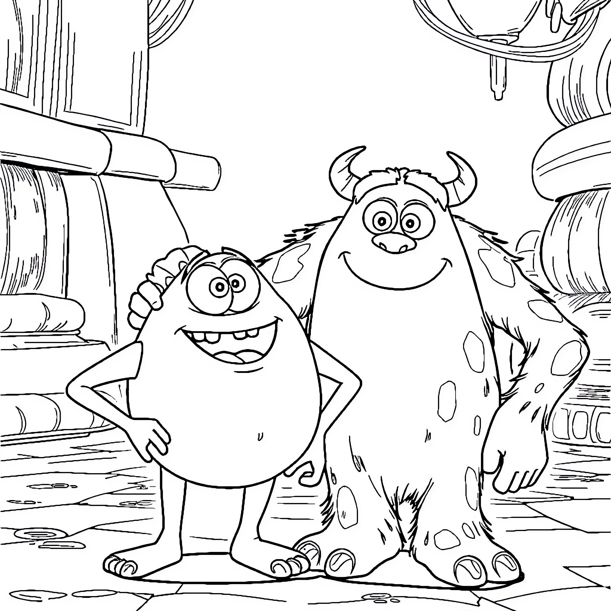 Mike And Sully Goofing Around in the Monster Closet Coloring Page (free black-and-white line drawing printable PDF for all, from beginners to advanced learners, including children, teens, adults, and seniors)