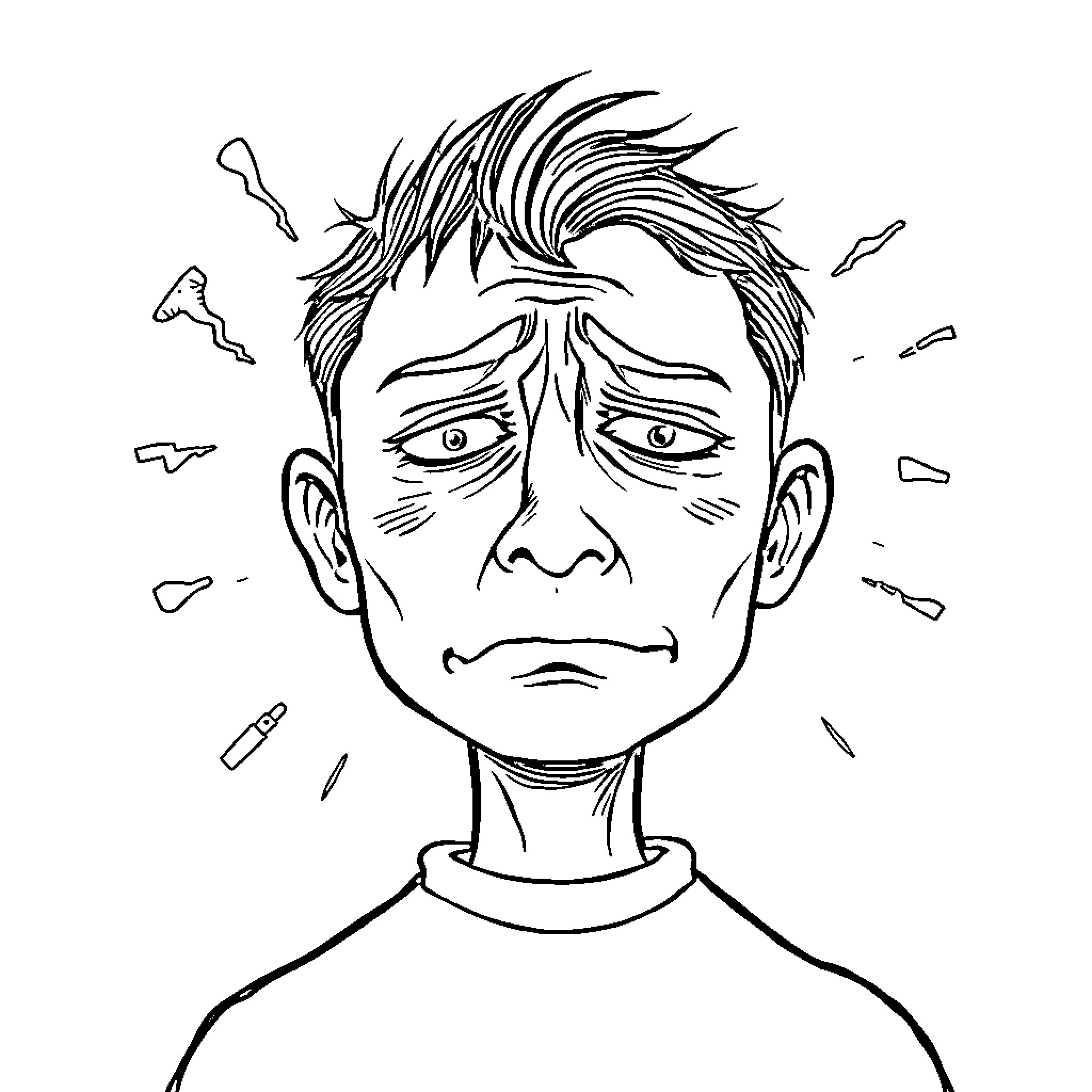Brain of a stressed young man Coloring Page (free black-and-white line drawing printable PDF for all, from beginners to advanced learners, including children, teens, adults, and seniors)
