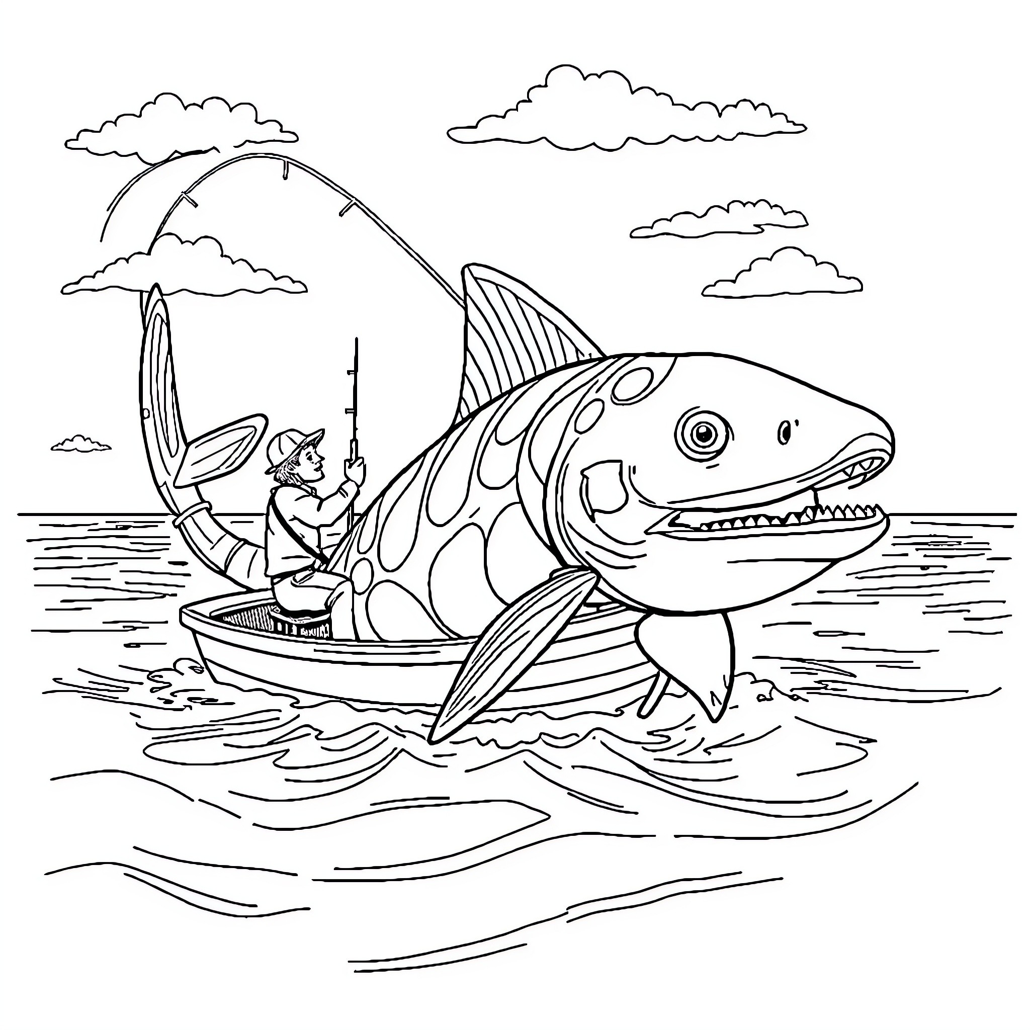 Fisher catching a large fish in the river Coloring Page (free black-and-white line drawing printable PDF for all, from beginners to advanced learners, including children, teens, adults, and seniors)