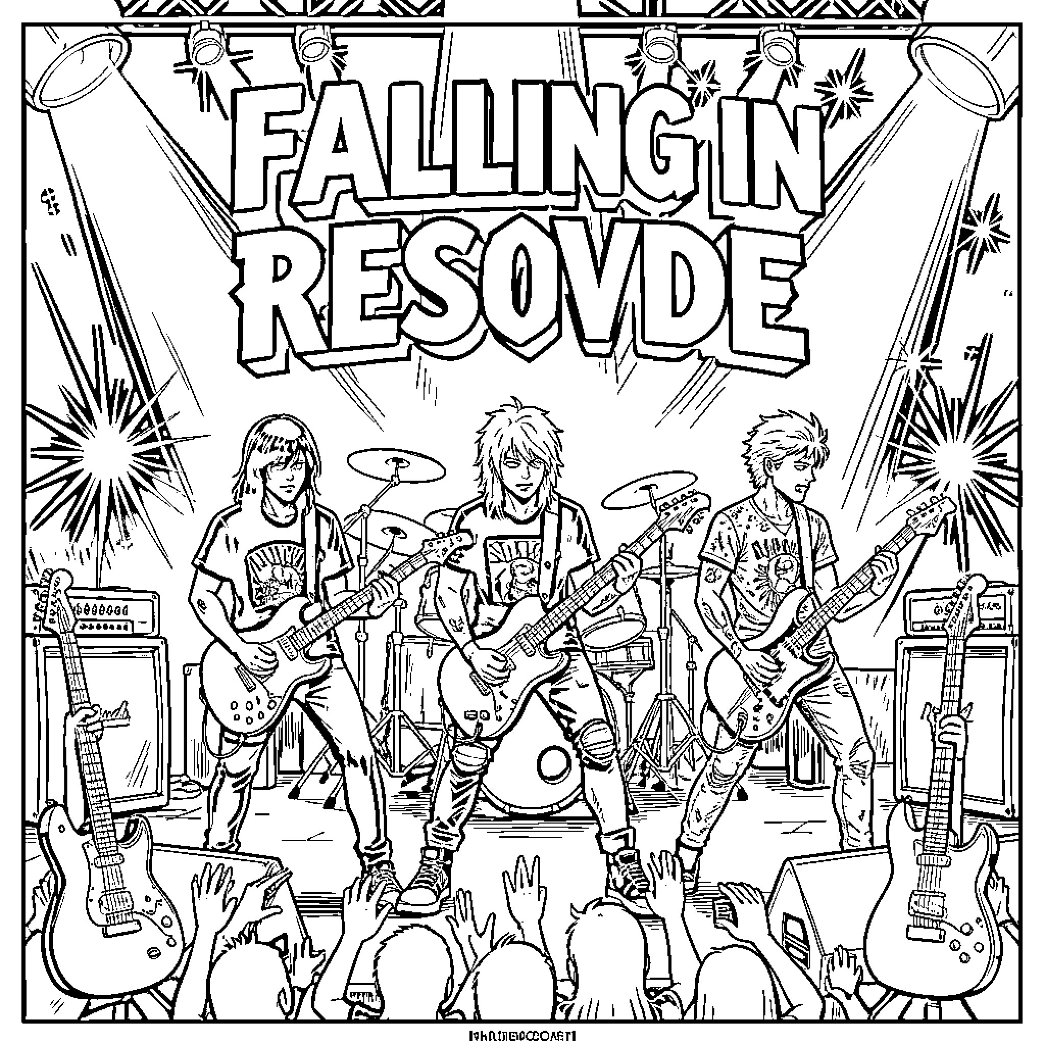 Falling in Reverse band performing music on stage Coloring Page (free black-and-white line drawing printable PDF for all, from beginners to advanced learners, including children, teens, adults, and seniors)