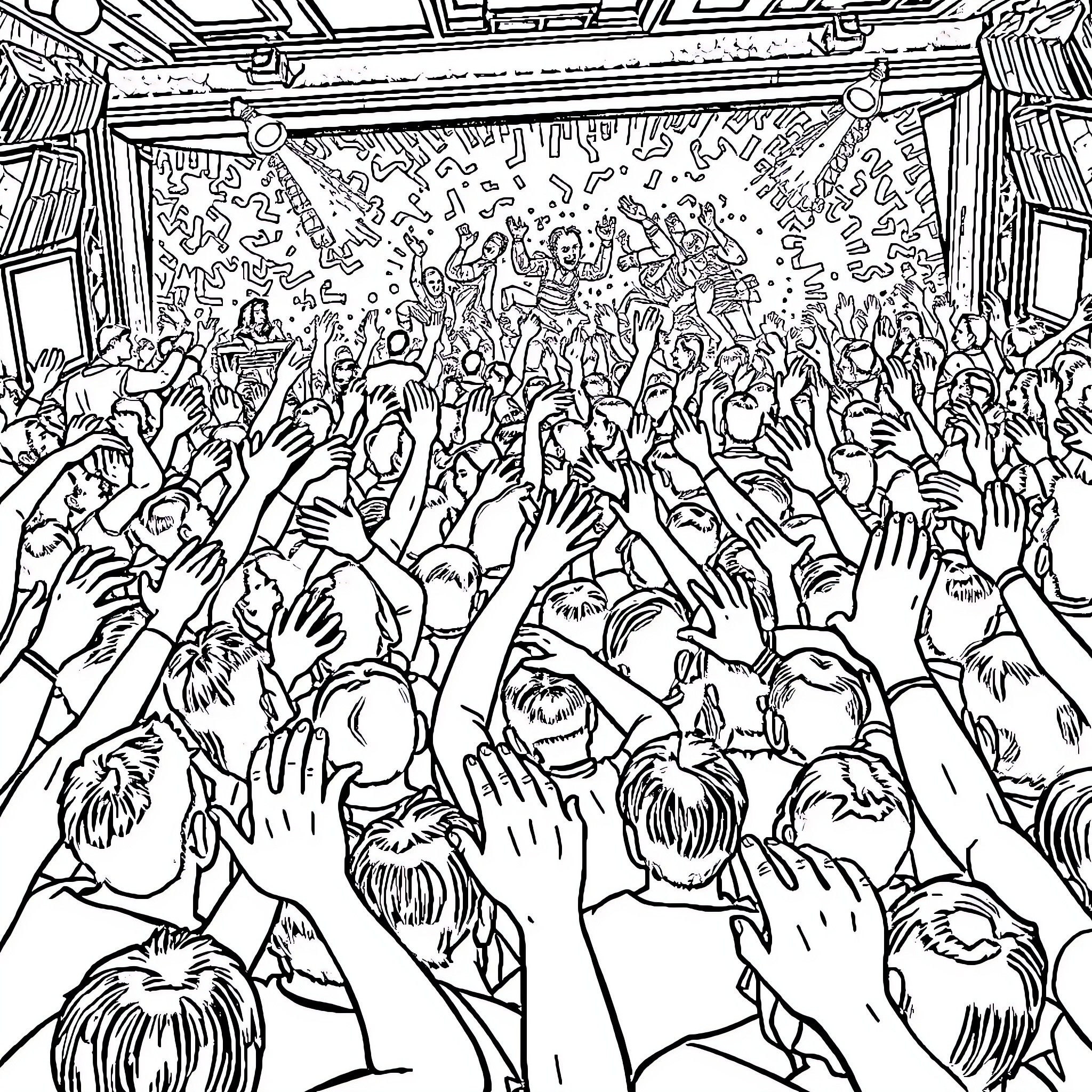 Concert of enthusiastic crowd in a lively setting Coloring Page (free black-and-white line drawing printable PDF for all, from beginners to advanced learners, including children, teens, adults, and seniors)