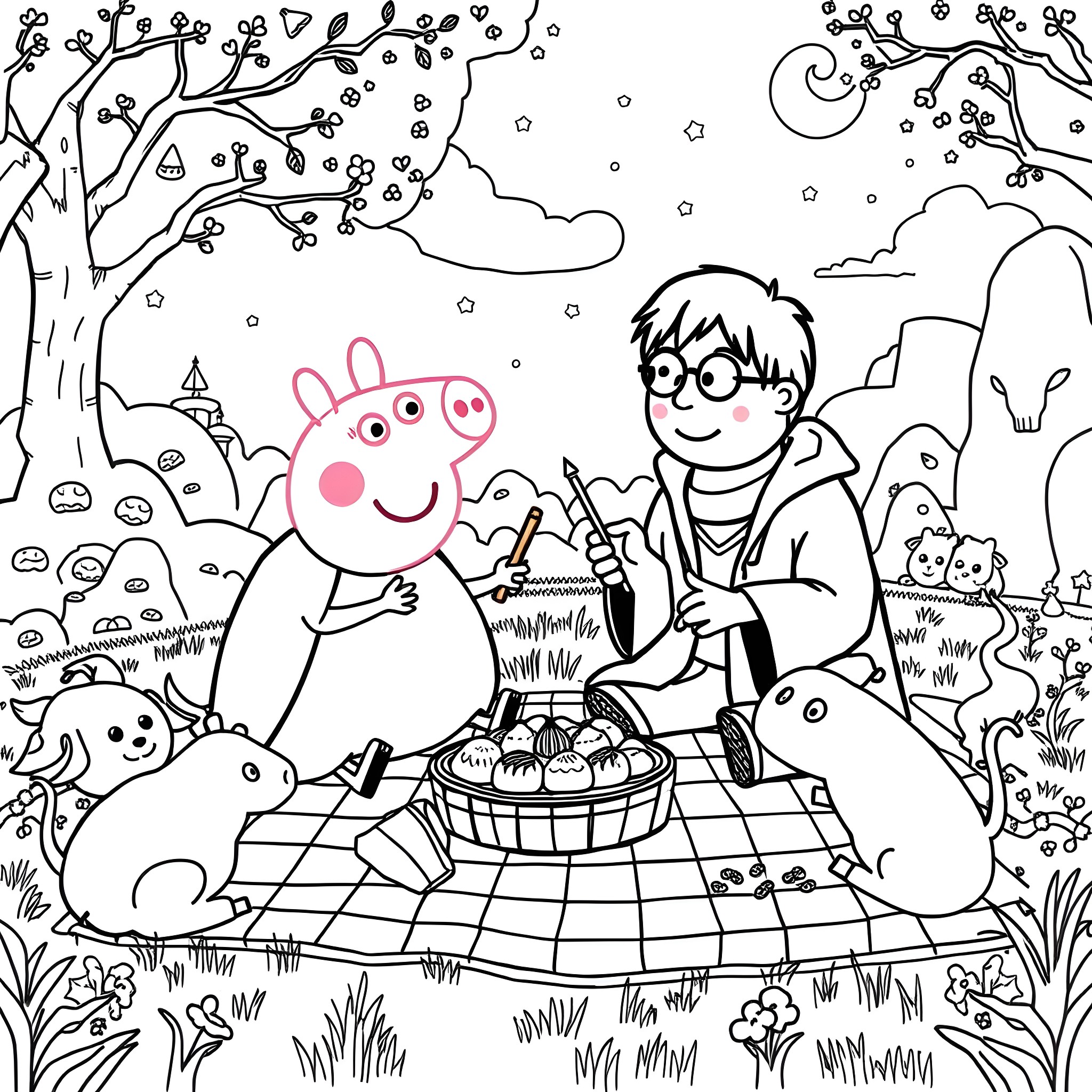 Peppa Pig enjoying a picnic in the park with friends Coloring Page (free black-and-white line drawing printable PDF for all, from beginners to advanced learners, including children, teens, adults, and seniors)
