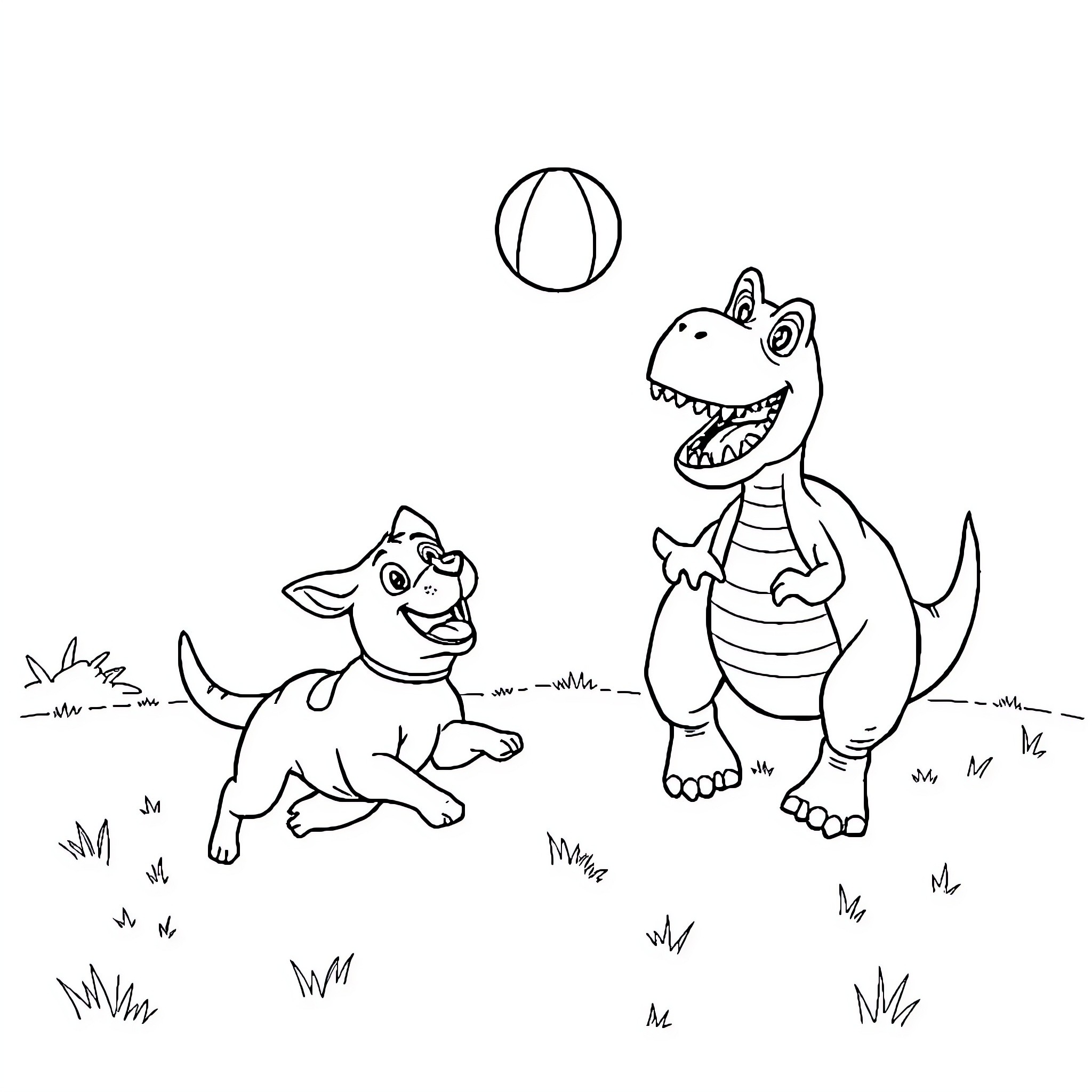 Dog and dinosaur playing fetch in the park Coloring Page (free black-and-white line drawing printable PDF for all, from beginners to advanced learners, including children, teens, adults, and seniors)