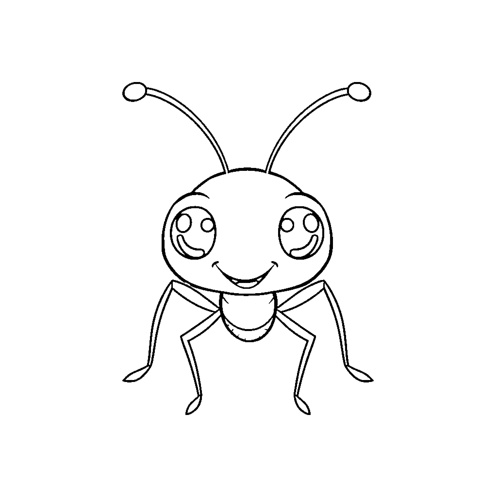 Ant with Cheerful Expression Coloring Page (free black-and-white line drawing printable PDF for all, from beginners to advanced learners, including children, teens, adults, and seniors)
