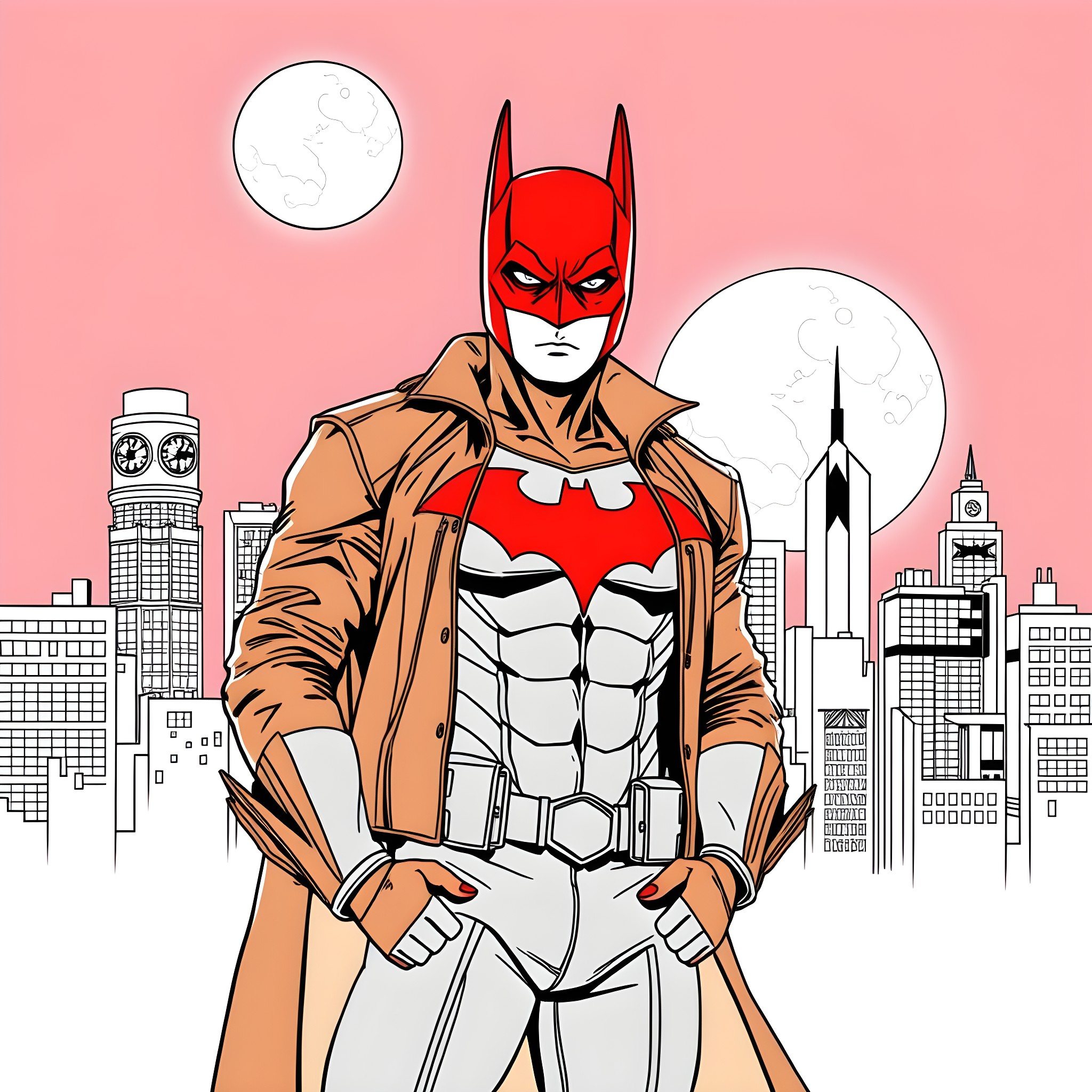 Red Hood Vigilante Stands Tall in the City Skyline Coloring Page (free black-and-white line drawing printable PDF for all, from beginners to advanced learners, including children, teens, adults, and seniors)