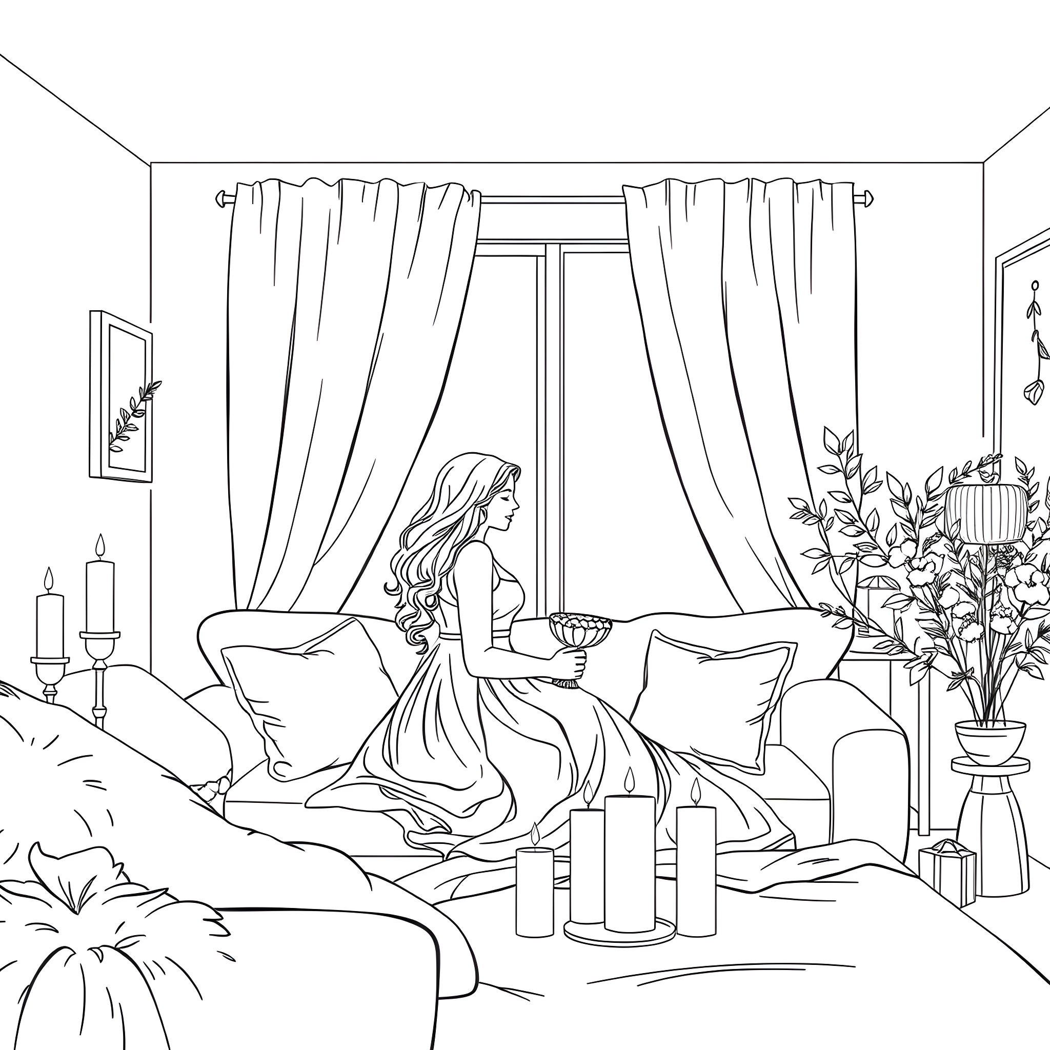Adult woman relaxing in cozy bedroom with candles Coloring Page (free black-and-white line drawing printable PDF for all, from beginners to advanced learners, including children, teens, adults, and seniors)