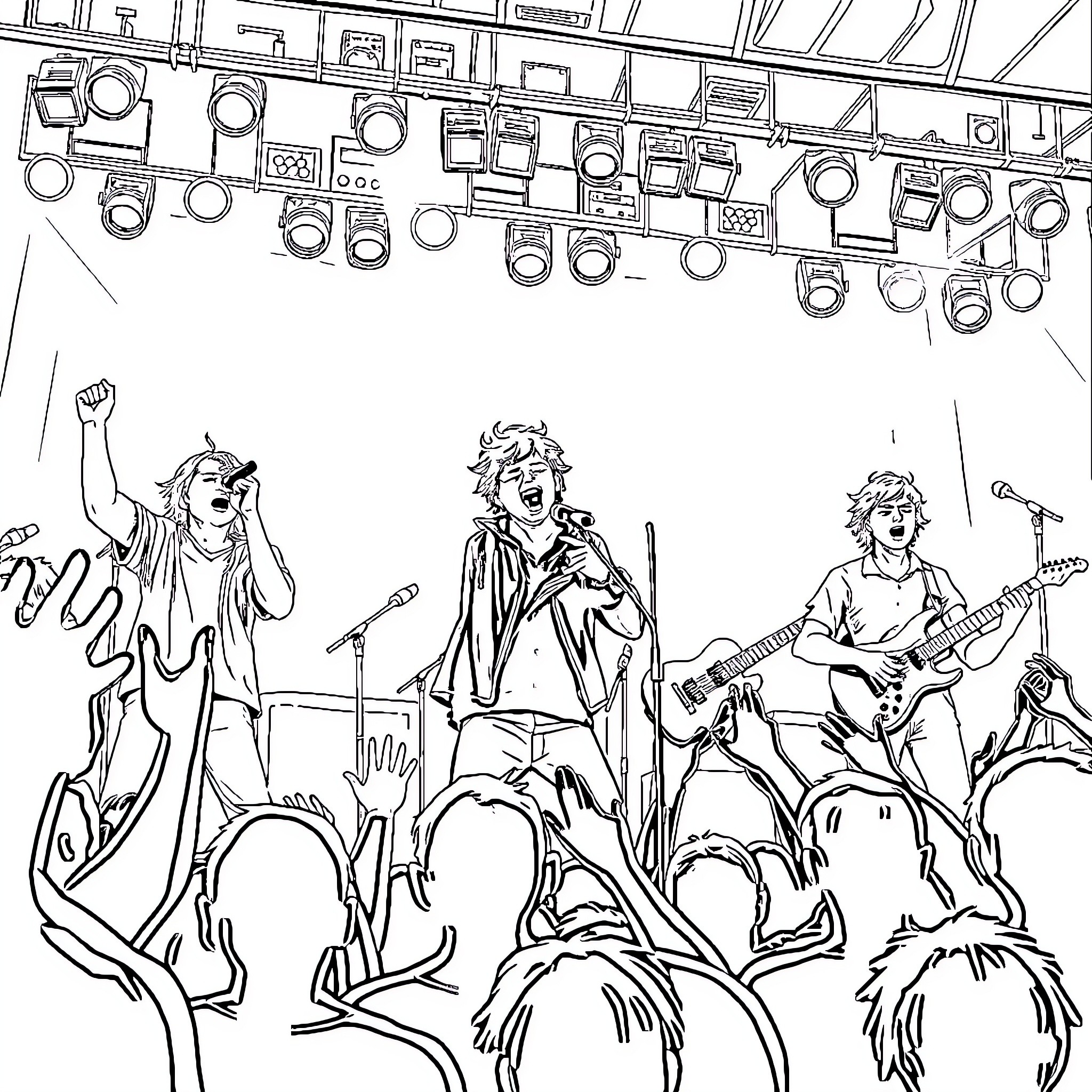 Stray Kids Performing On Stage With Energy Coloring Page (free black-and-white line drawing printable PDF for all, from beginners to advanced learners, including children, teens, adults, and seniors)
