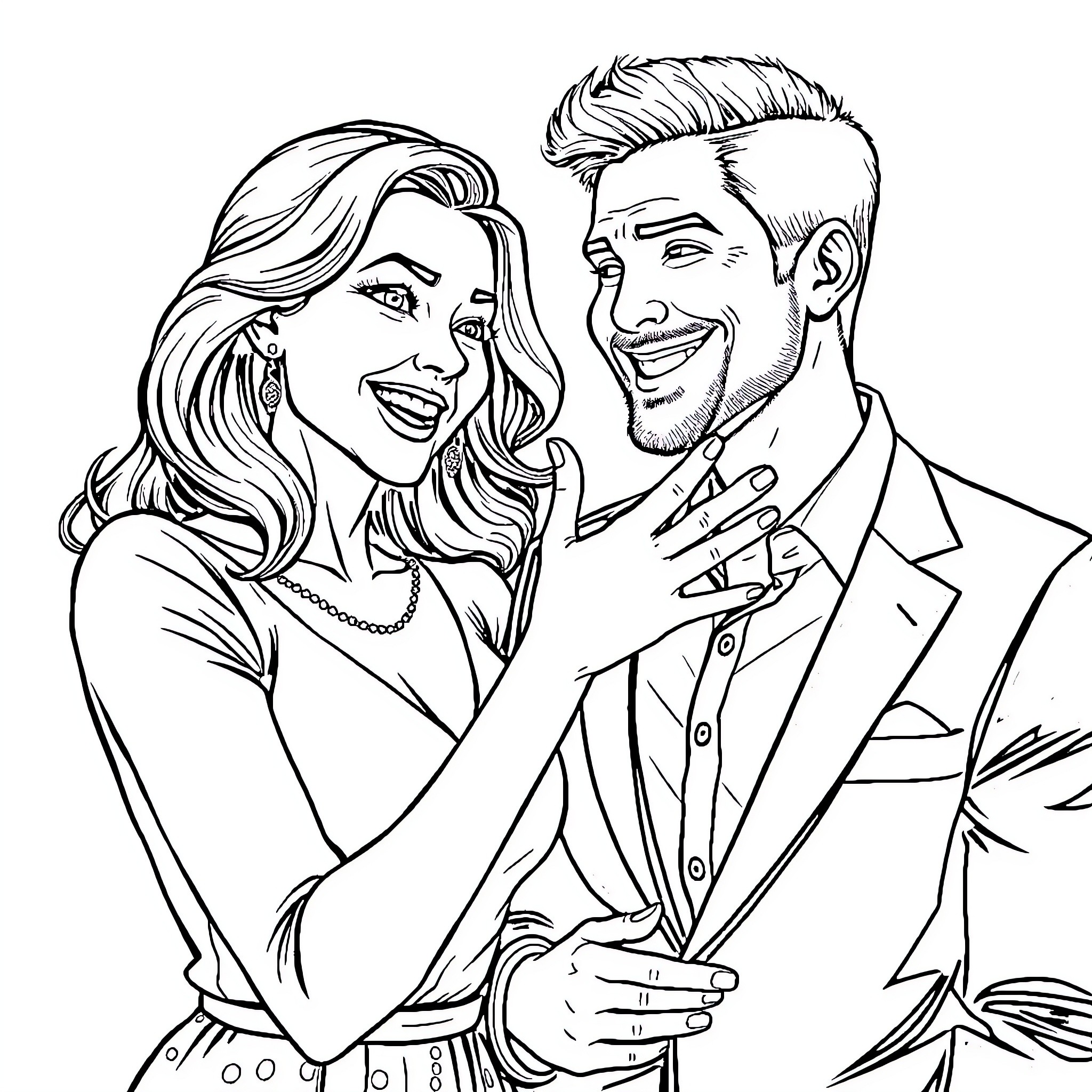 Wife and Husband in Affectionate Embrace Coloring Page (free black-and-white line drawing printable PDF for all, from beginners to advanced learners, including children, teens, adults, and seniors)