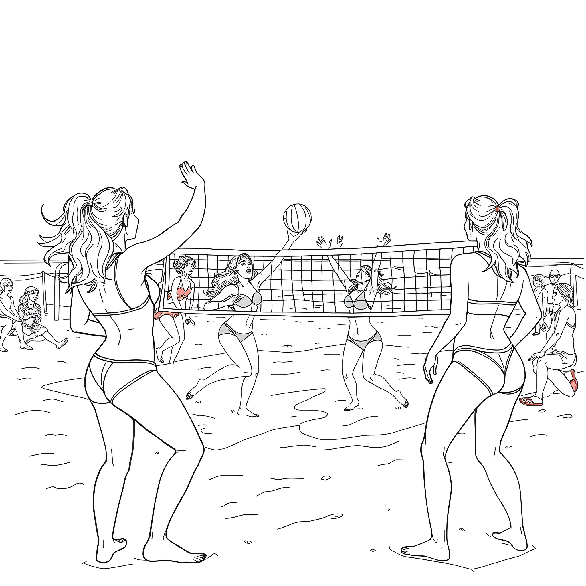 Women playing beach volleyball in swimsuits Coloring Page (free black-and-white line drawing printable PDF for all, from beginners to advanced learners, including children, teens, adults, and seniors)