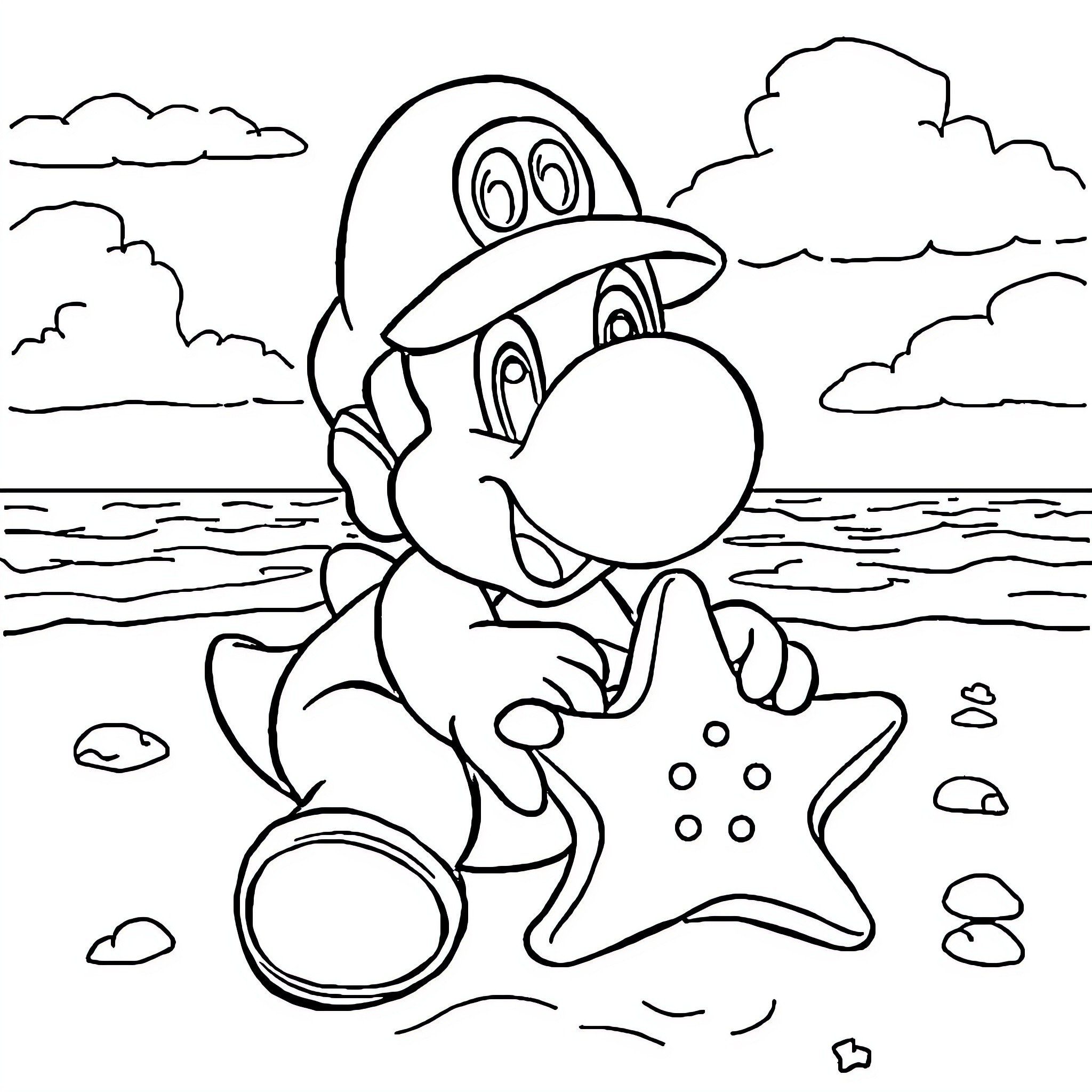 Yoshi's Beachside Adventure Coloring Page (free black-and-white line drawing printable PDF for all, from beginners to advanced learners, including children, teens, adults, and seniors)