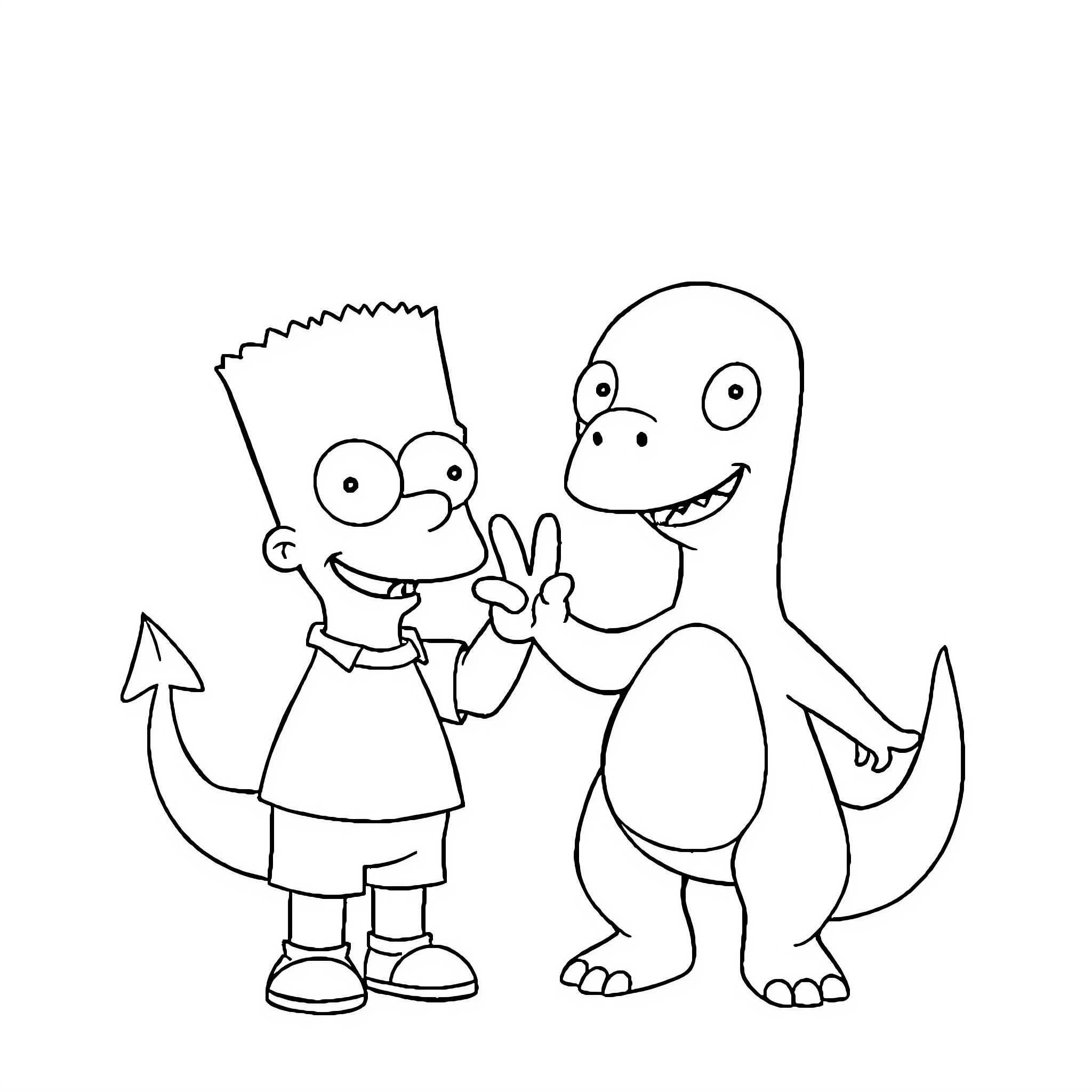 Bart Simpson and a dinosaur making funny faces Coloring Page (free black-and-white line drawing printable PDF for all, from beginners to advanced learners, including children, teens, adults, and seniors)