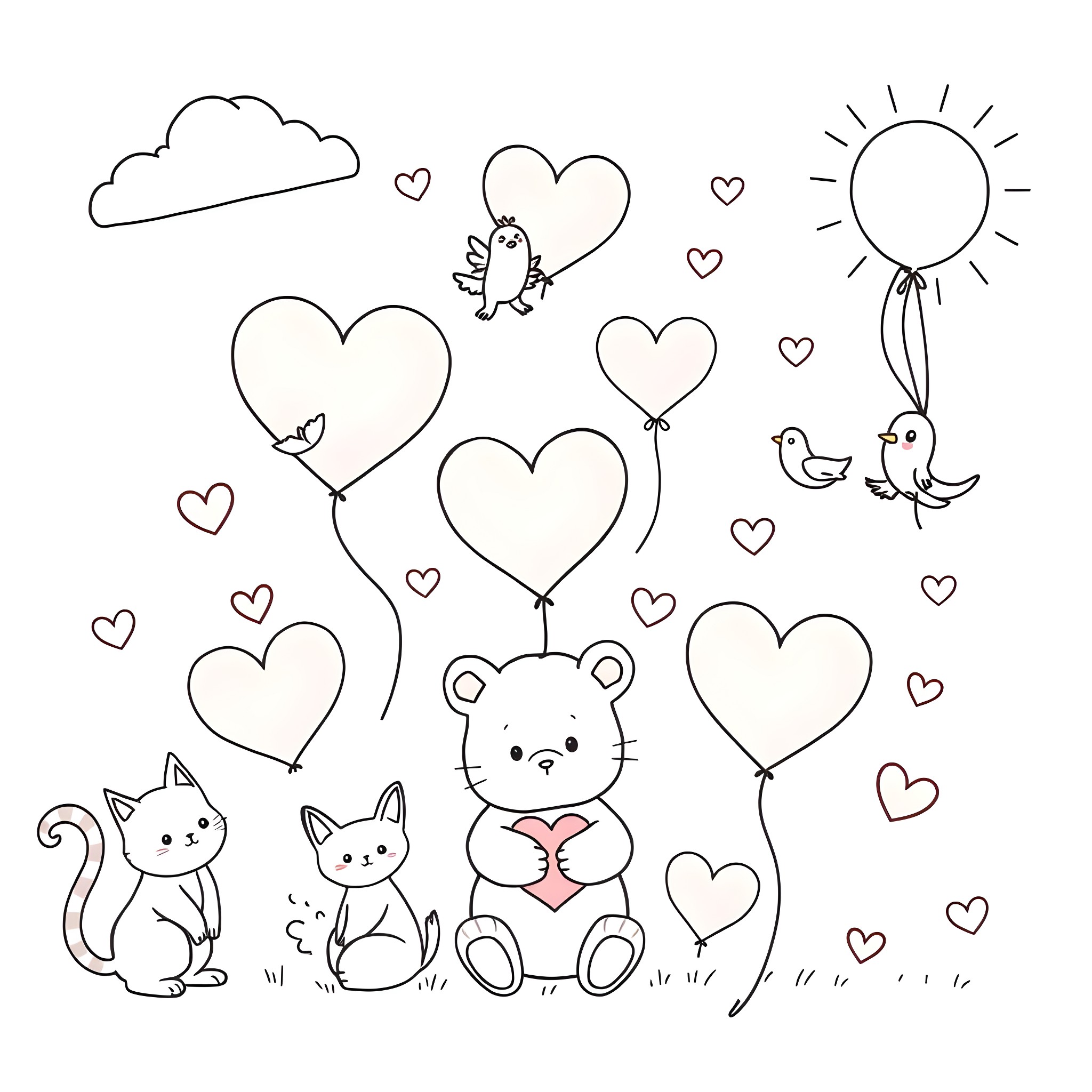 Heart-filled scenes with playful pets and balloons Coloring Page (free black-and-white line drawing printable PDF for all, from beginners to advanced learners, including children, teens, adults, and seniors)