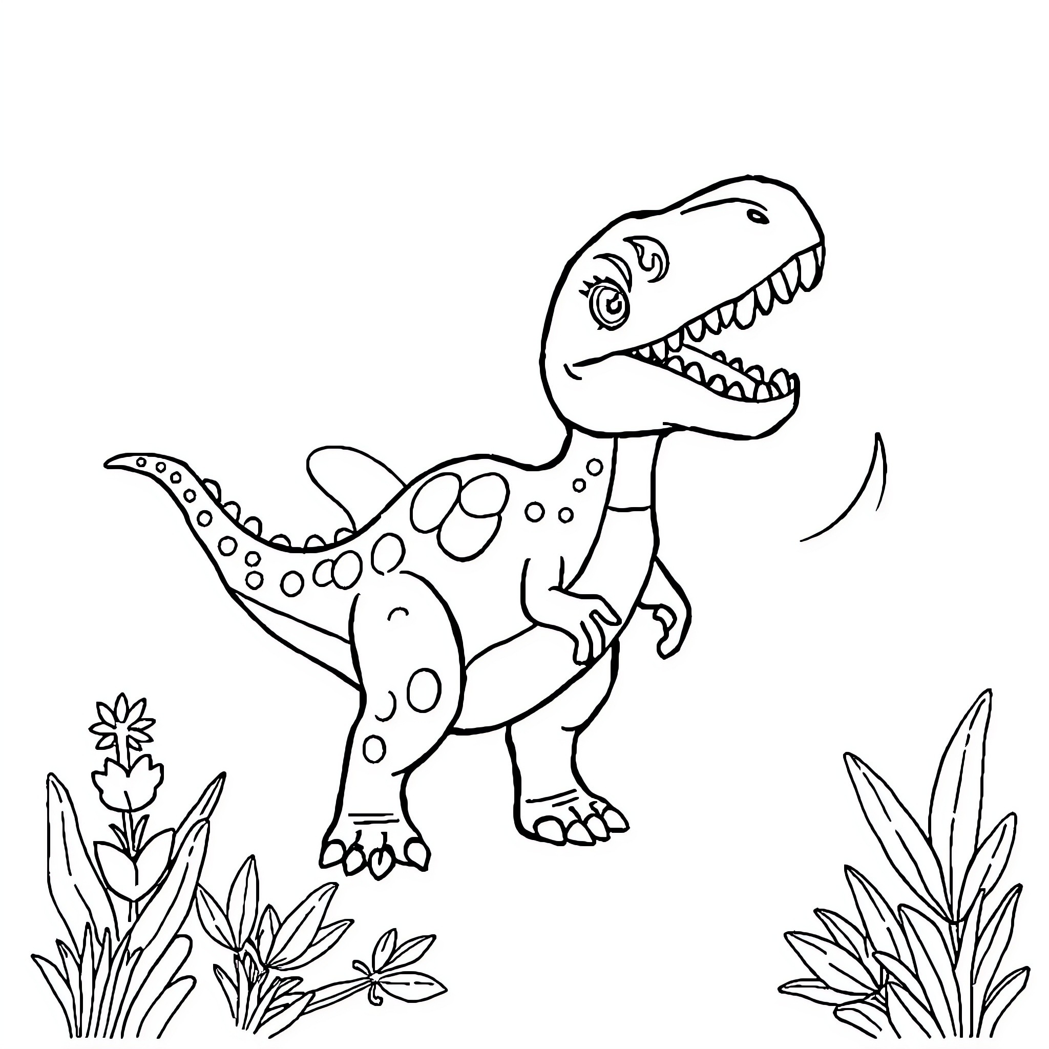 Dinosaur roaring in a lush jungle setting Coloring Page (free black-and-white line drawing printable PDF for all, from beginners to advanced learners, including children, teens, adults, and seniors)