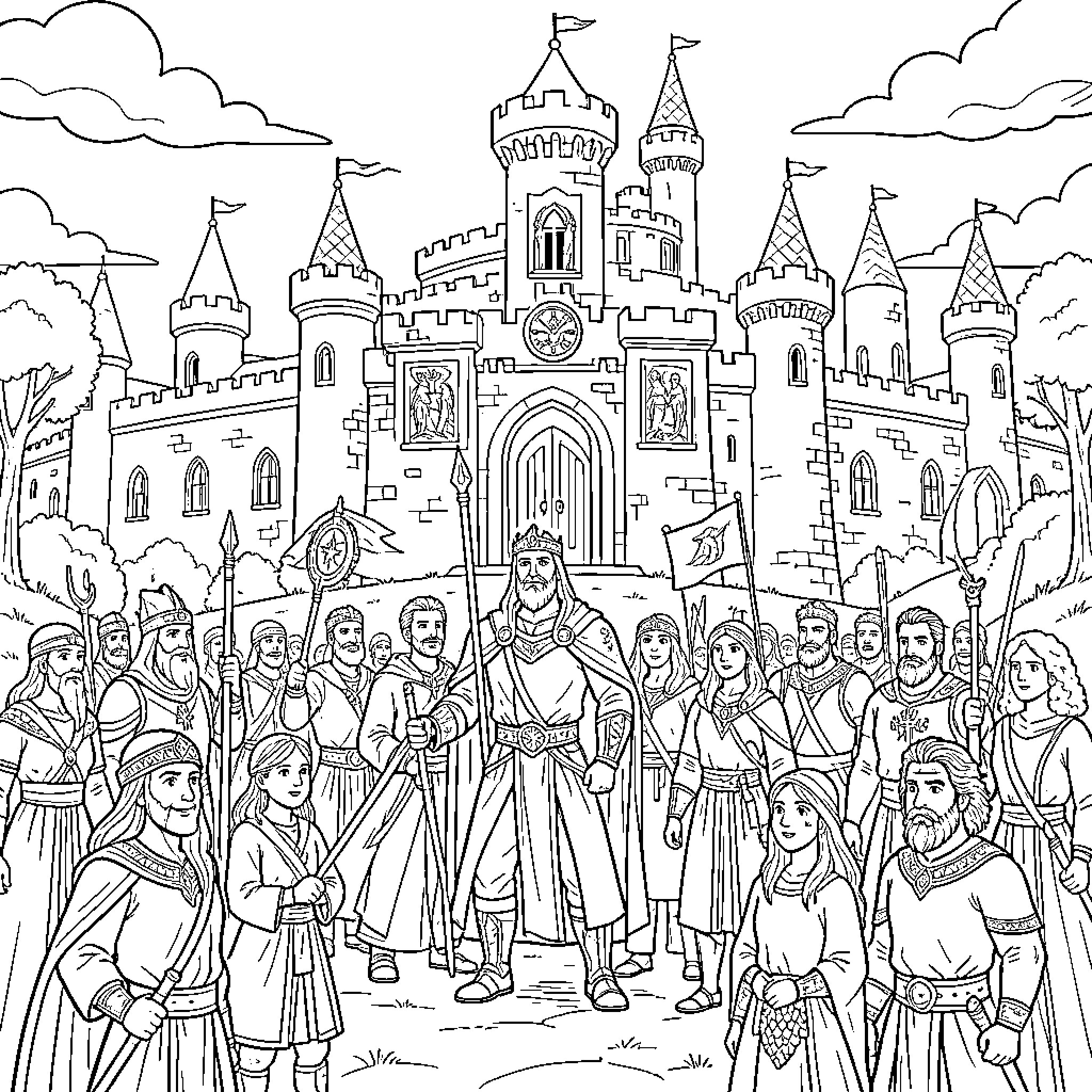 Kingdom ruler and subjects gathering before a majestic castle Coloring Page (free black-and-white line drawing printable PDF for all, from beginners to advanced learners, including children, teens, adults, and seniors)