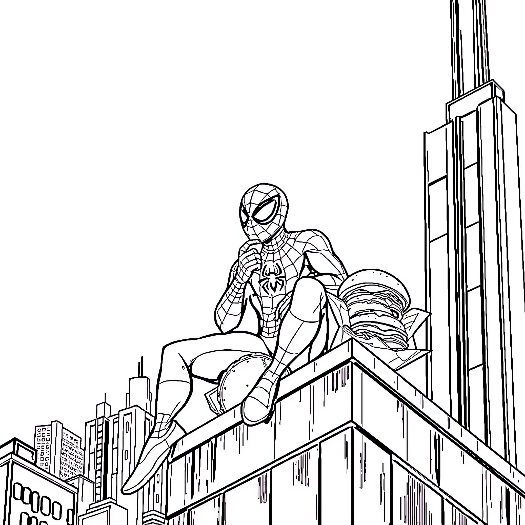 Spider-Man swinging over the city skyline Coloring Page (free black-and-white line drawing printable PDF for all, from beginners to advanced learners, including children, teens, adults, and seniors)