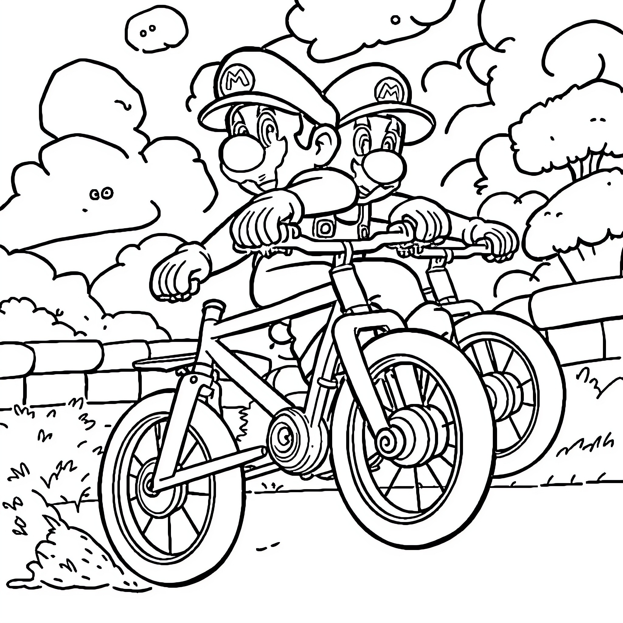 Mario Bros Riding Bikes through Cloudy Countryside Coloring Page (free black-and-white line drawing printable PDF for all, from beginners to advanced learners, including children, teens, adults, and seniors)