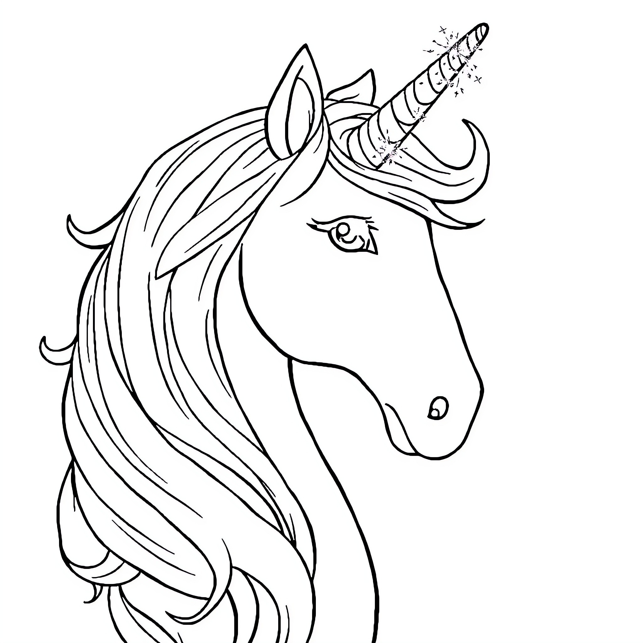 Unicorn with fantastical flowing mane and horn Coloring Page (free black-and-white line drawing printable PDF for all, from beginners to advanced learners, including children, teens, adults, and seniors)
