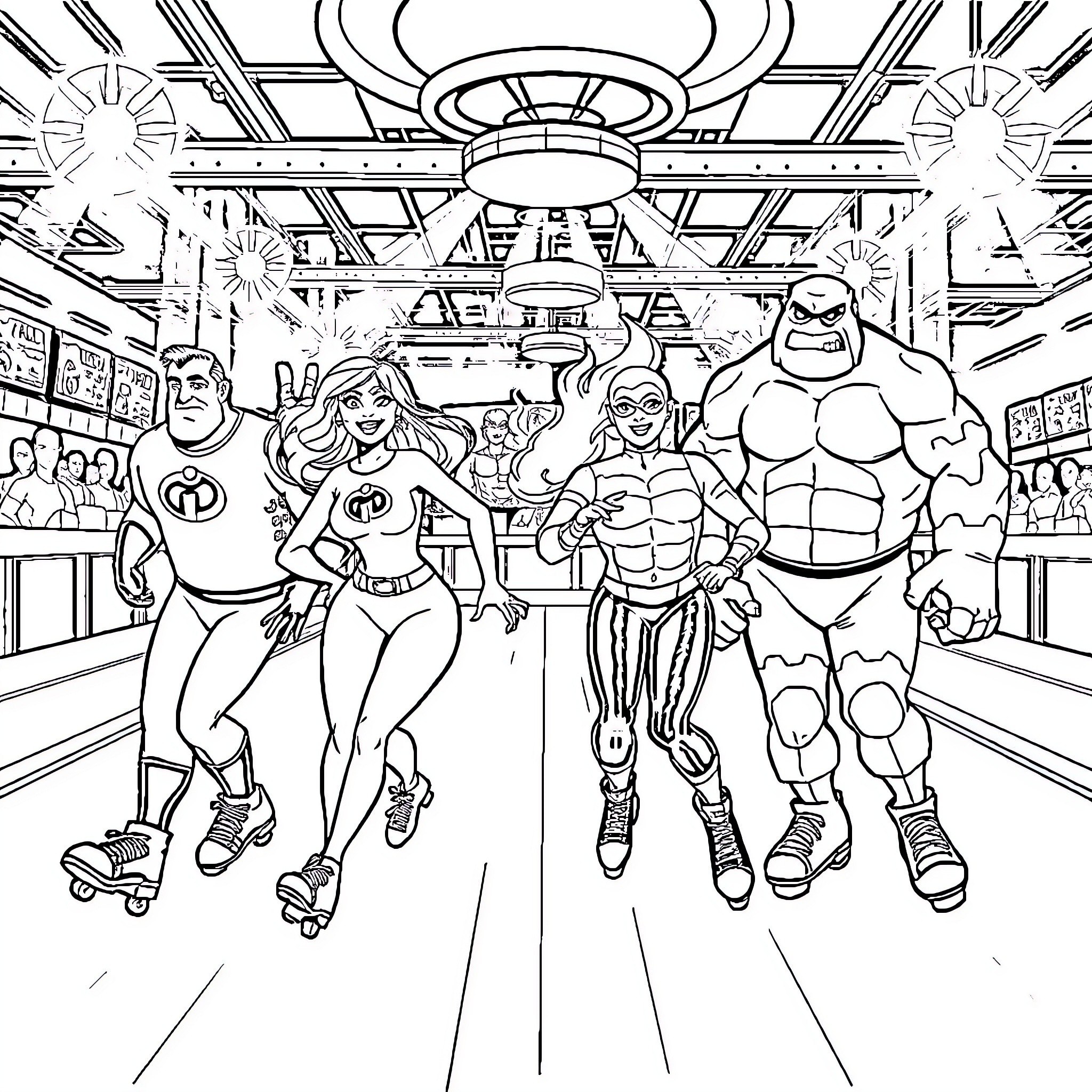 Fantastic Four Superheroes in Action at the Arcade Coloring Page (free black-and-white line drawing printable PDF for all, from beginners to advanced learners, including children, teens, adults, and seniors)